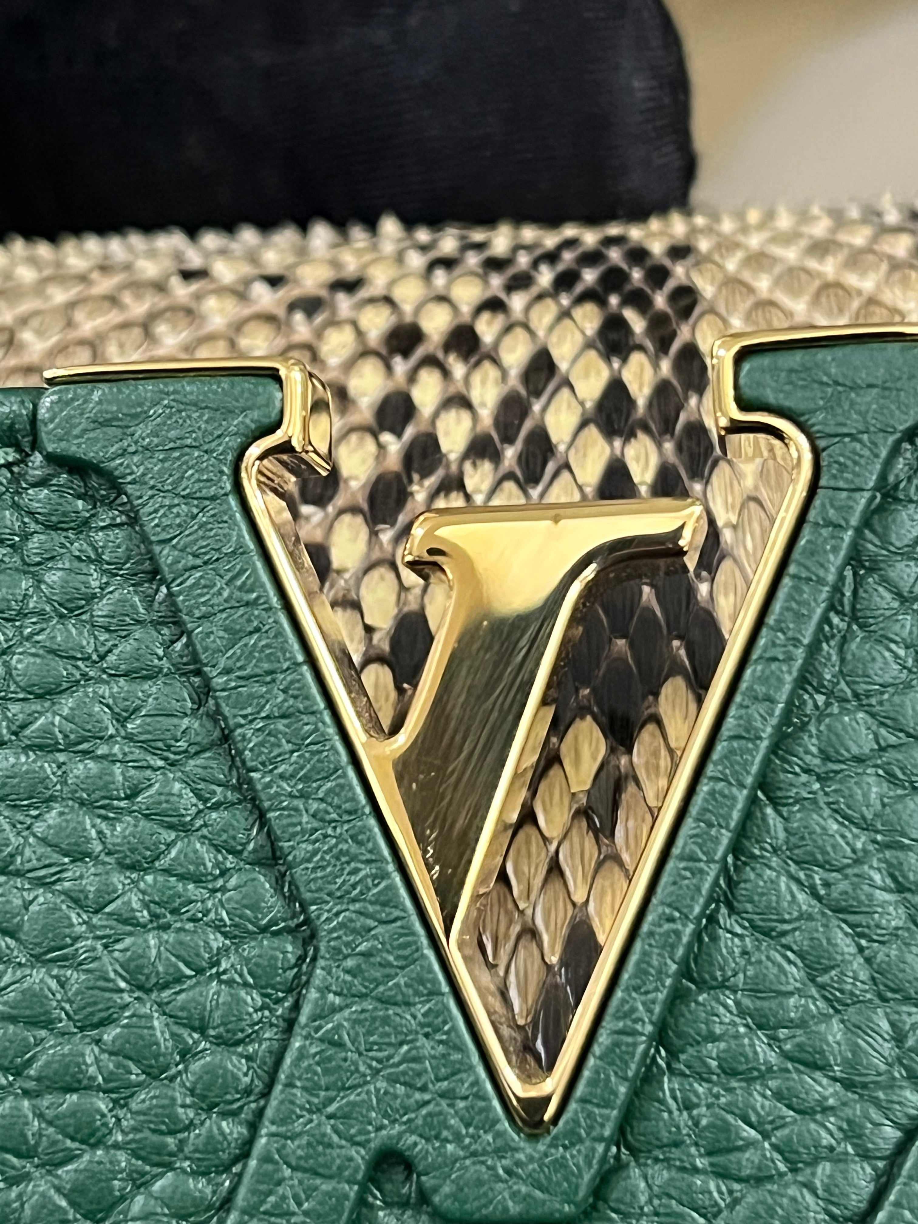 Capucines Mini in Emeraude Green Taurillon Leather Python Skin (Date Code: AH2199) | Purse Maison Luxury Bags Shop