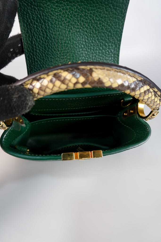 Capucines Mini in Emeraude Green Taurillon Leather Python Skin (Date Code: AH2199) | Purse Maison Luxury Bags Shop