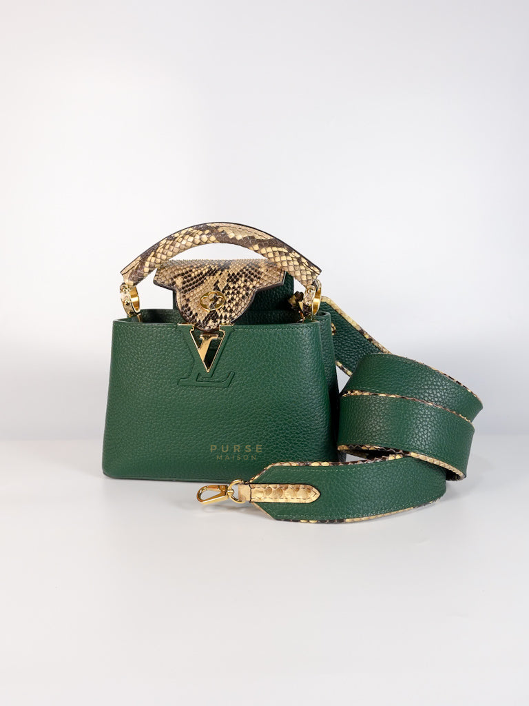 Capucines Mini in Emeraude Green Taurillon Leather Python Skin (Date Code: AH2199) | Purse Maison Luxury Bags Shop