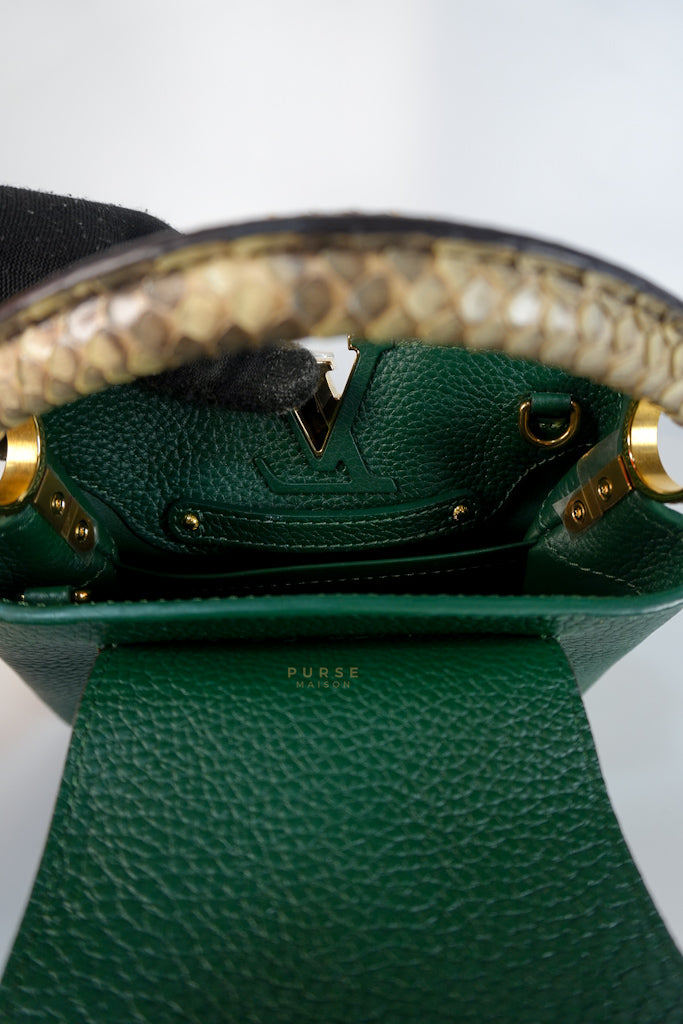 Capucines Mini in Emeraude Green Taurillon Leather Python Skin (Date Code: AH2199) | Purse Maison Luxury Bags Shop