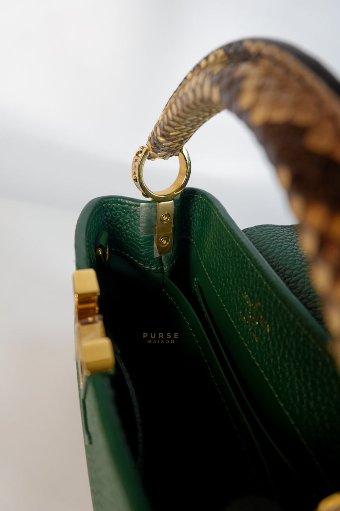 Capucines Mini in Emeraude Green Taurillon Leather Python Skin (Date Code: AH2199) | Purse Maison Luxury Bags Shop