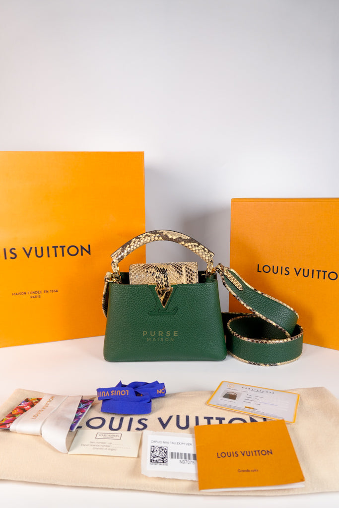 Capucines Mini in Emeraude Green Taurillon Leather Python Skin (Date Code: AH2199) | Purse Maison Luxury Bags Shop