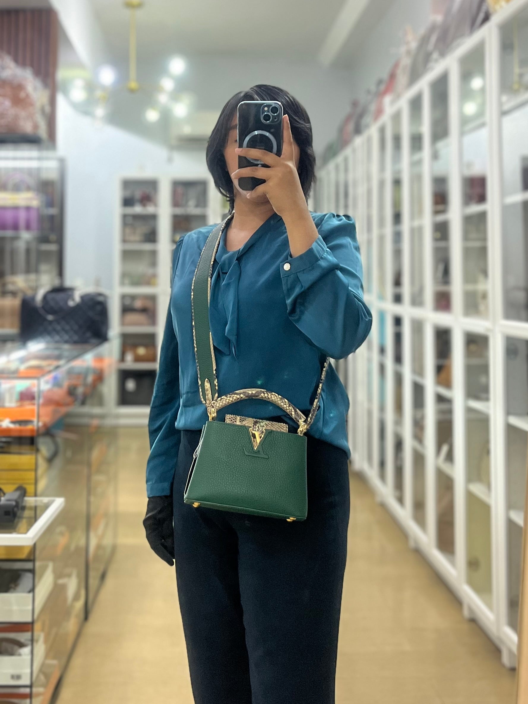 Capucines Mini in Emeraude Green Taurillon Leather Python Skin (Date Code: AH2199) | Purse Maison Luxury Bags Shop
