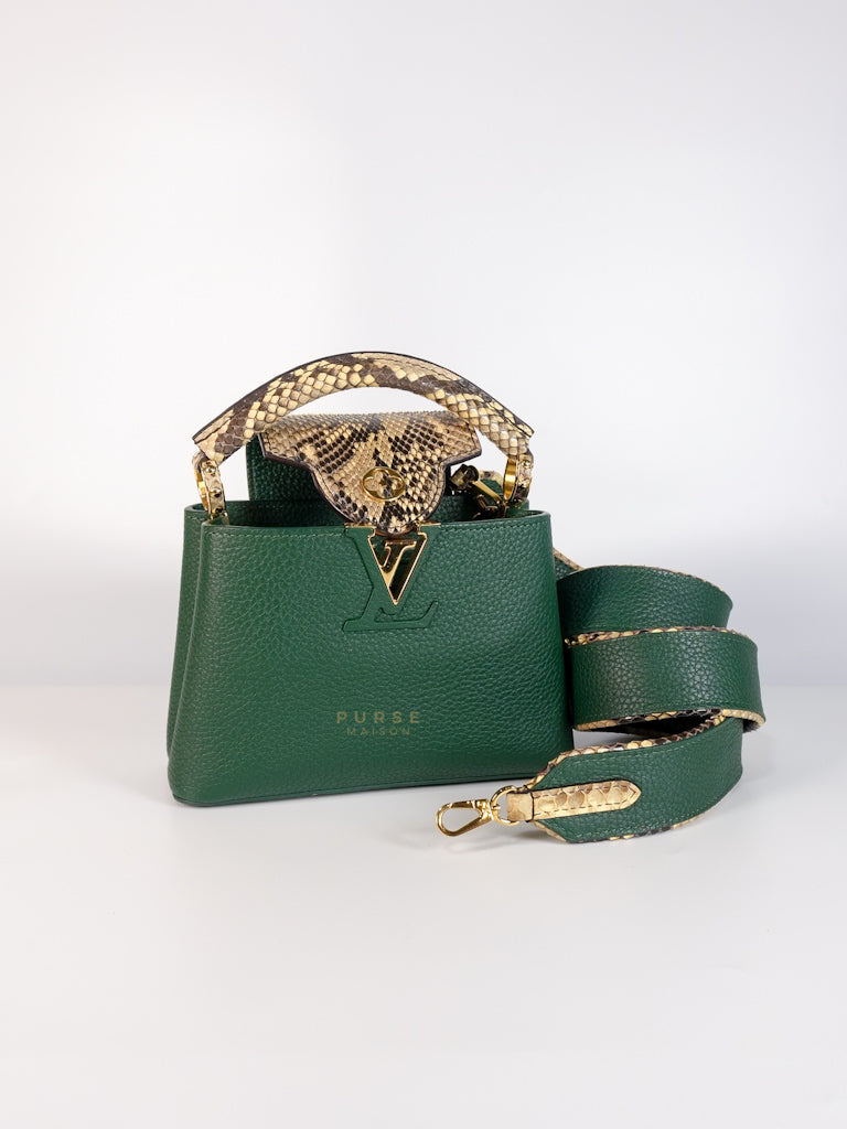 Capucines Mini in Emeraude Green Taurillon Leather Python Skin (Date Code: AH2199) | Purse Maison Luxury Bags Shop