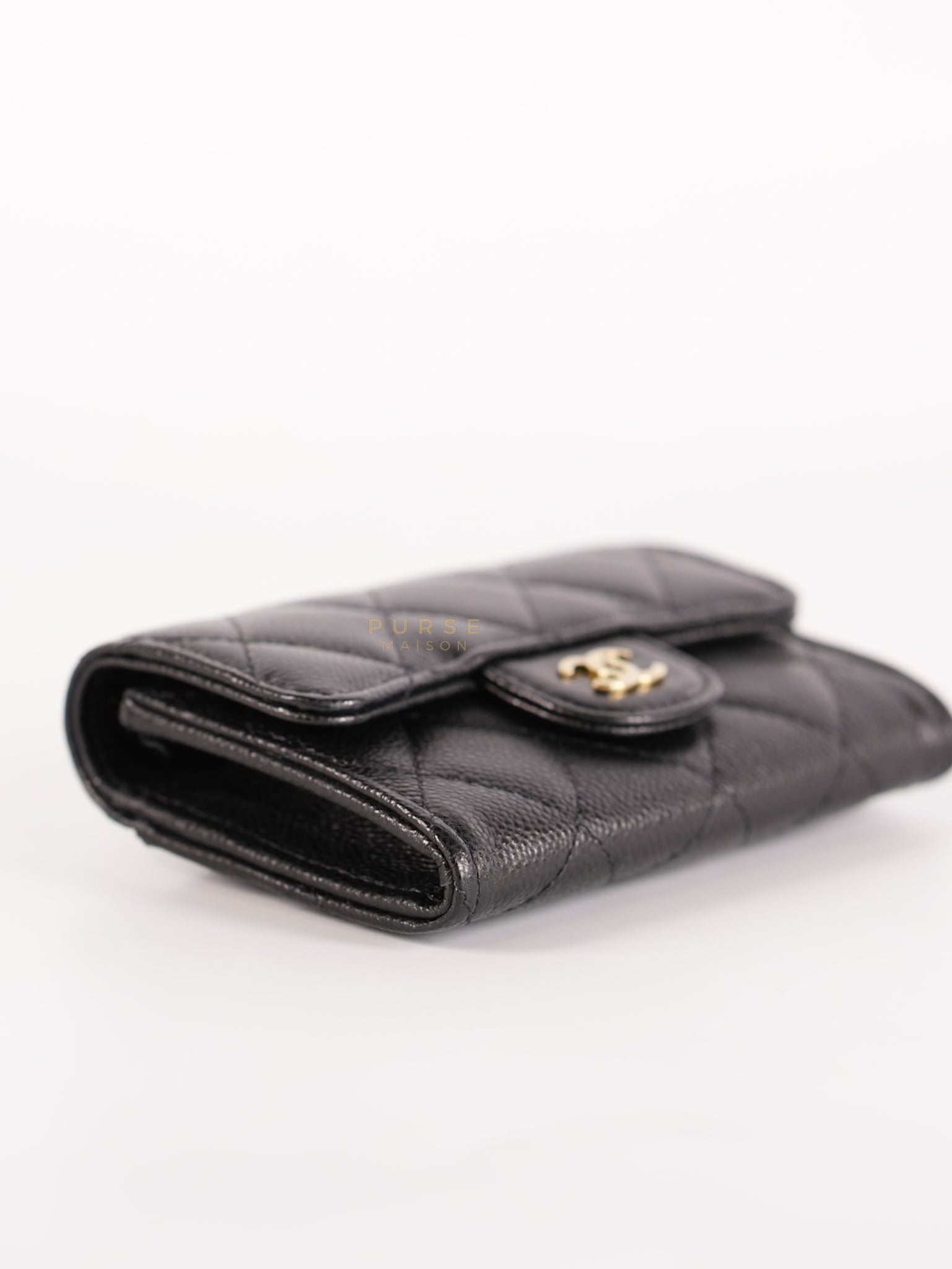 Card Holder In Black Caviar Leather & Light Gold Hardware Microchip | Purse Maison Luxury Bags Shop