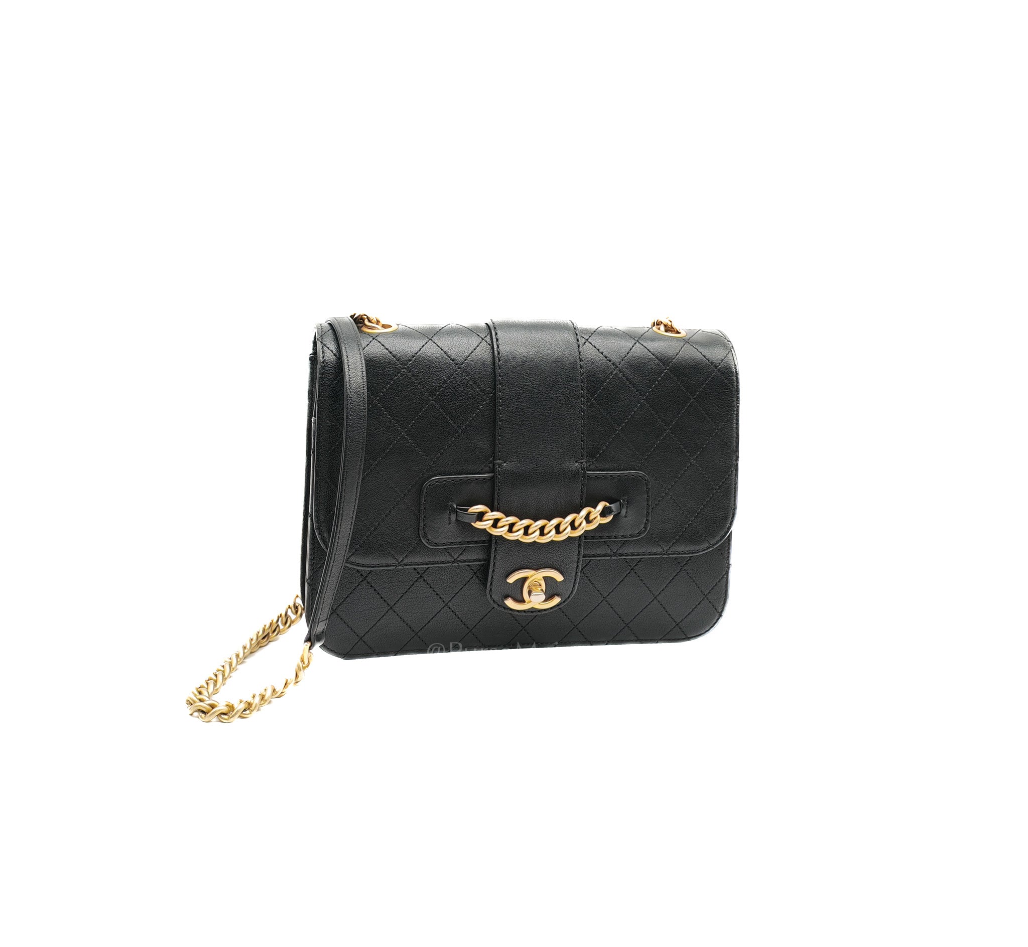 Chanel Front Chain Flap Bag in Black Quilted Calfskin Leather & Aged Gold Hardware Series 24