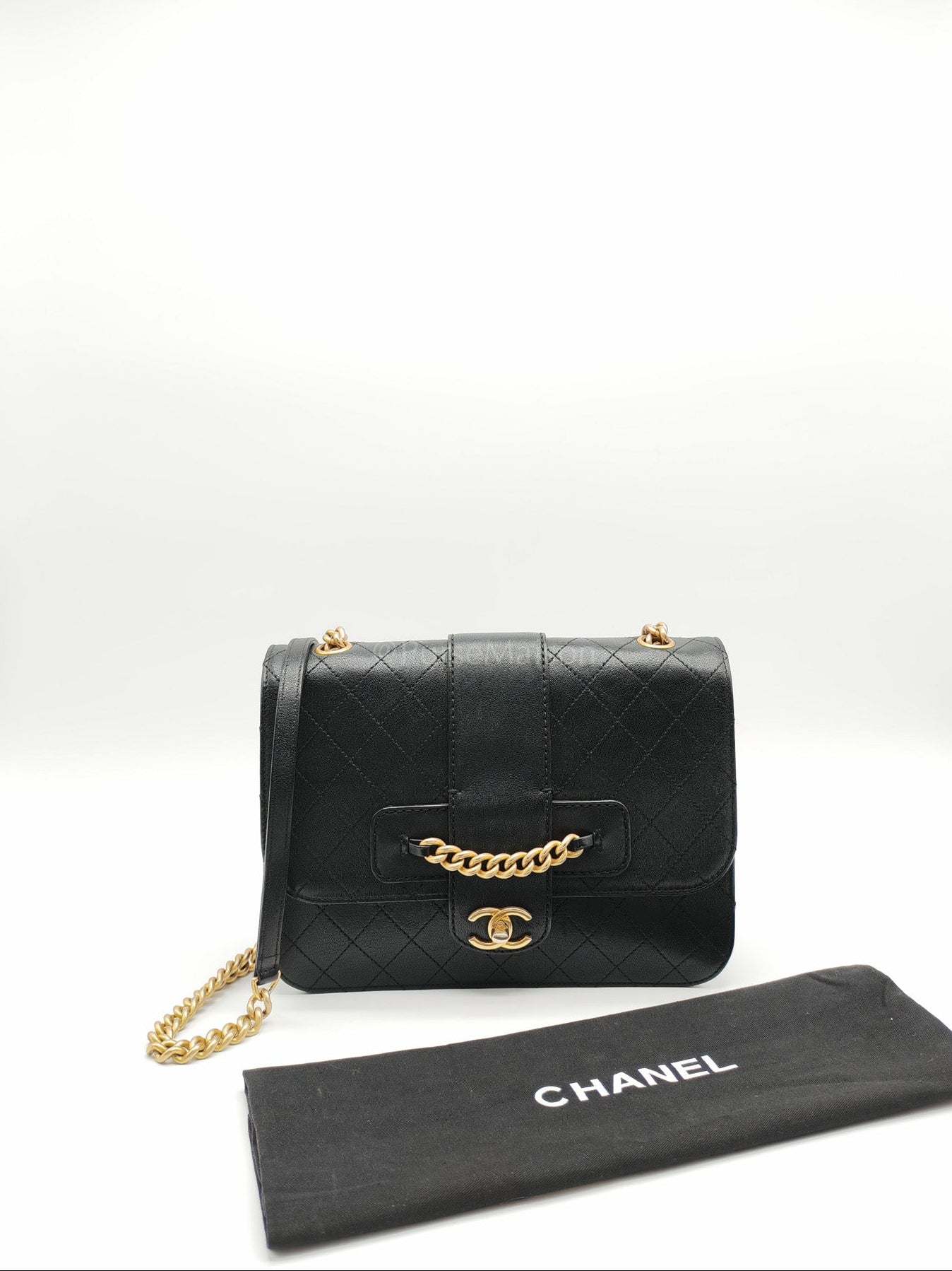 Chanel Front Chain Flap Bag in Black Quilted Calfskin Leather & Aged Gold Hardware Series 24