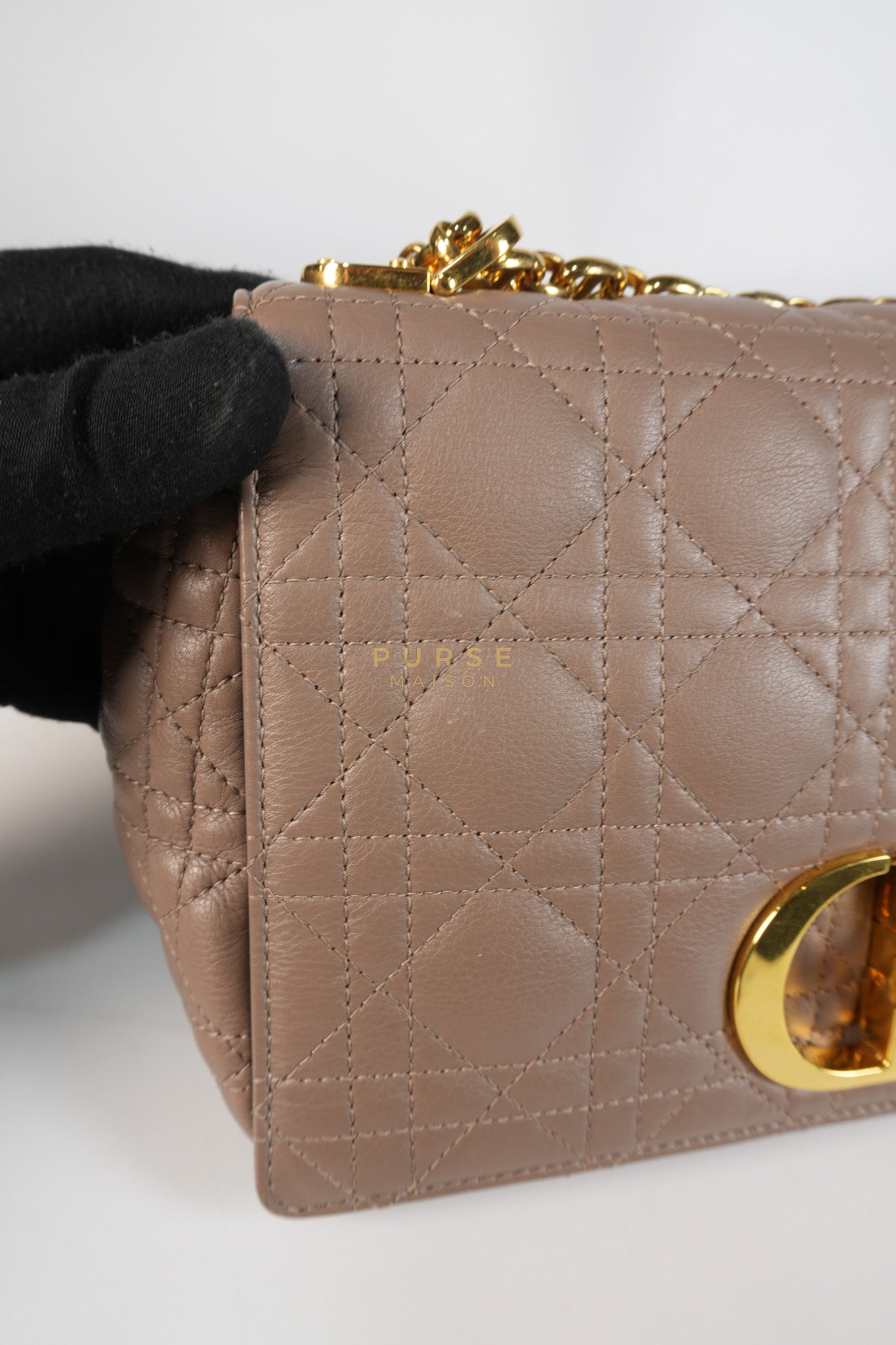 Caro Bag Medium in Warm Taupe Supple Cannage Calfskin Leather & Gold Hardware | Purse Maison Luxury Bags Shop