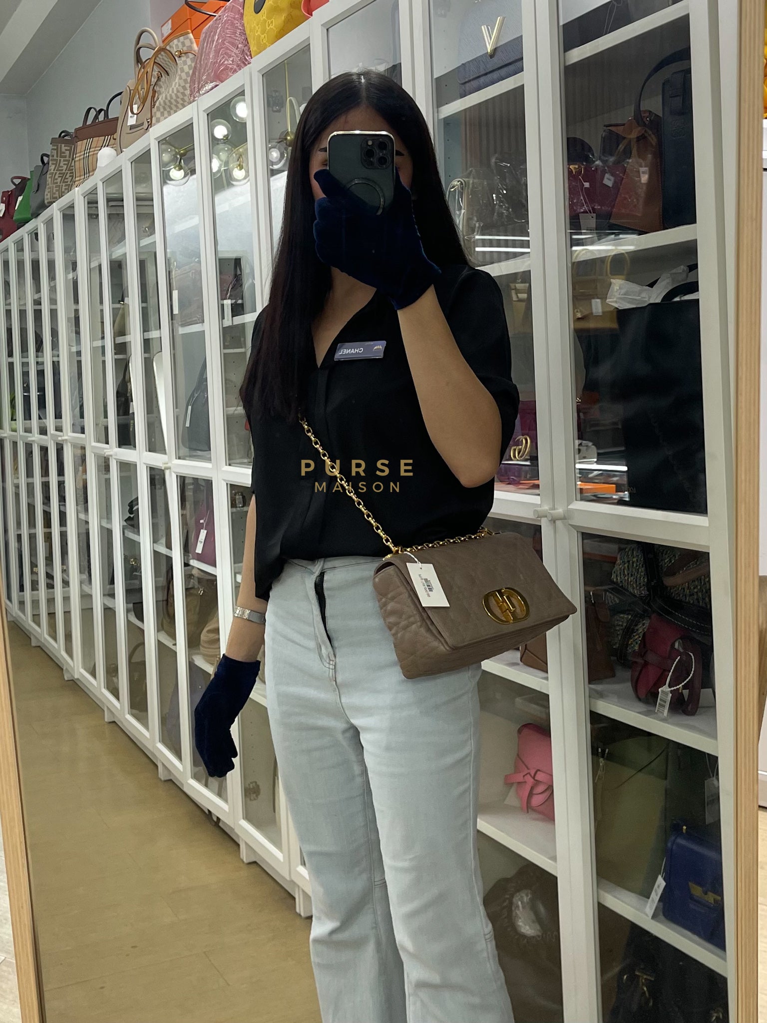 Caro Bag Medium in Warm Taupe Supple Cannage Calfskin Leather & Gold Hardware | Purse Maison Luxury Bags Shop