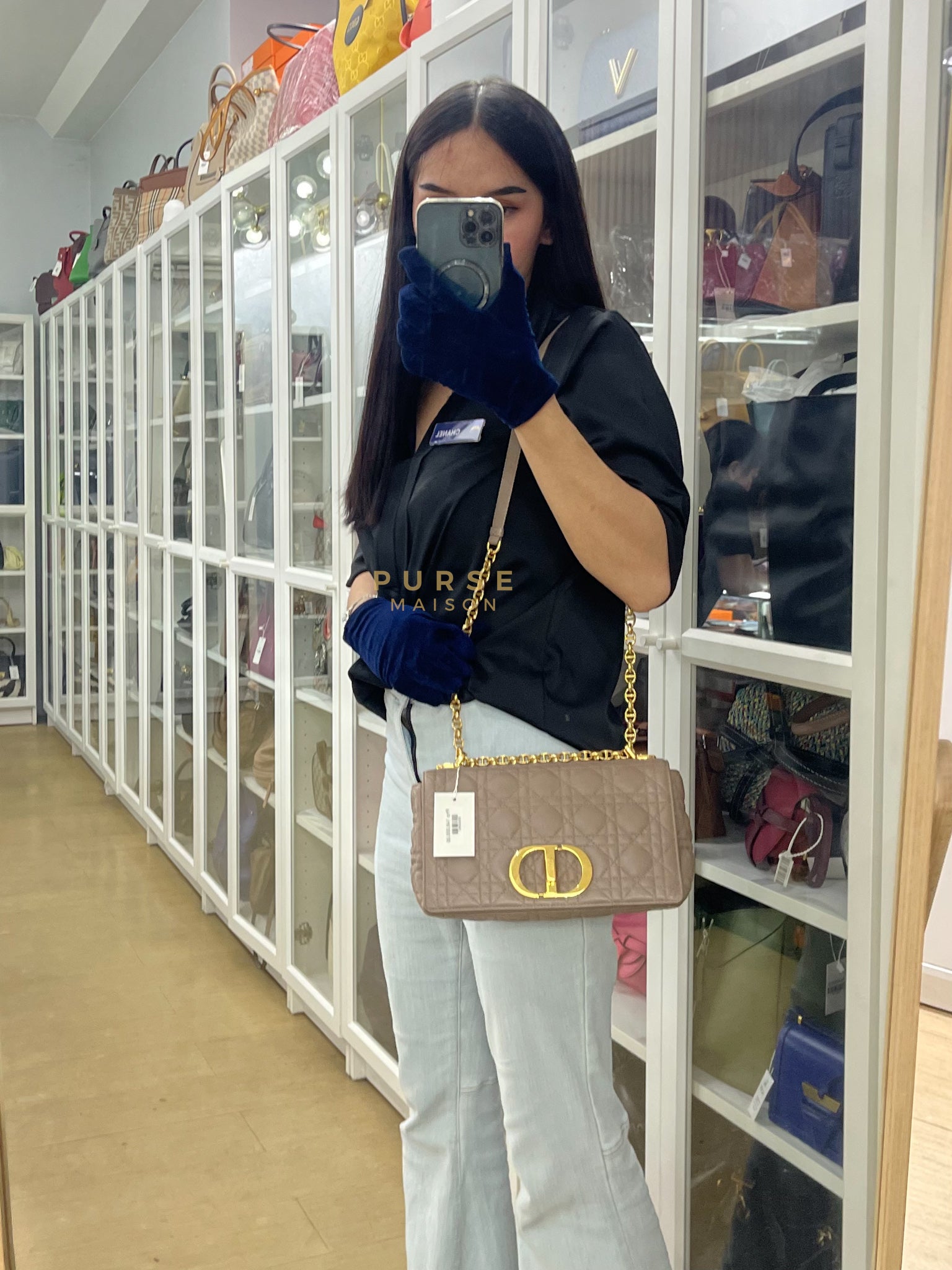 Caro Bag Medium in Warm Taupe Supple Cannage Calfskin Leather & Gold Hardware | Purse Maison Luxury Bags Shop