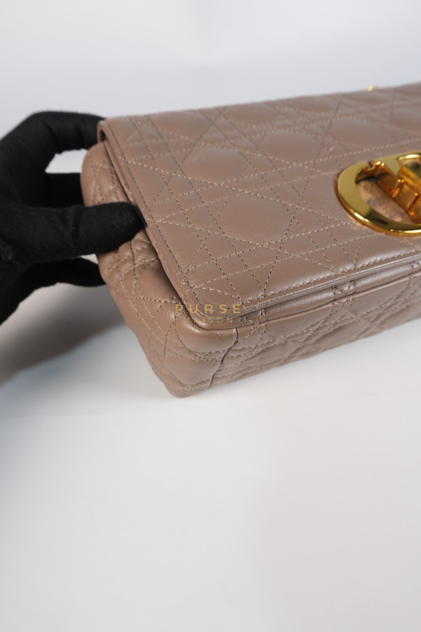 Caro Bag Medium in Warm Taupe Supple Cannage Calfskin Leather & Gold Hardware | Purse Maison Luxury Bags Shop