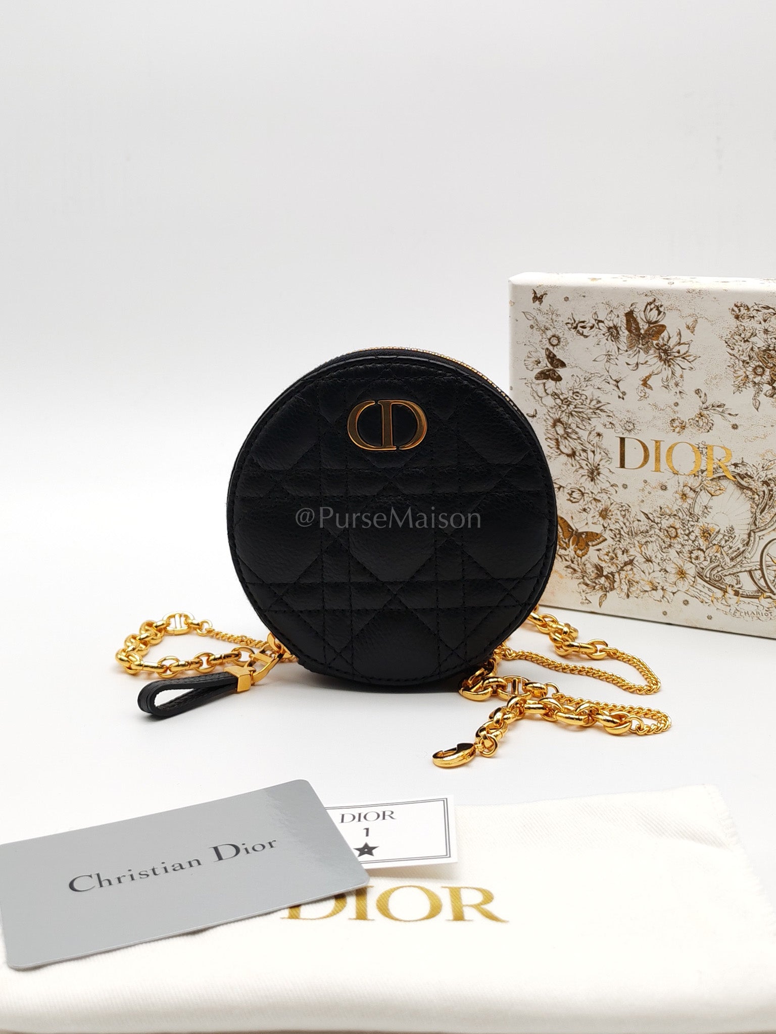 Caro Round Pouch in Black Cannage Calfskin Leather Chain Bag | Purse Maison Luxury Bags Shop