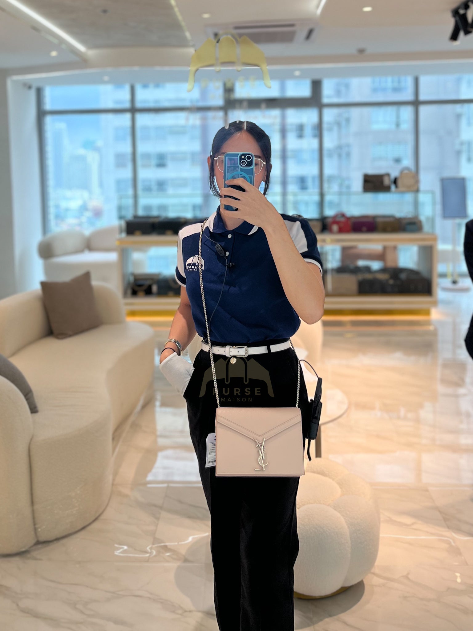 Cassandra Chain Flap Shoulder Bag in Pink Beige Grained Leather | Purse Maison Luxury Bags Shop