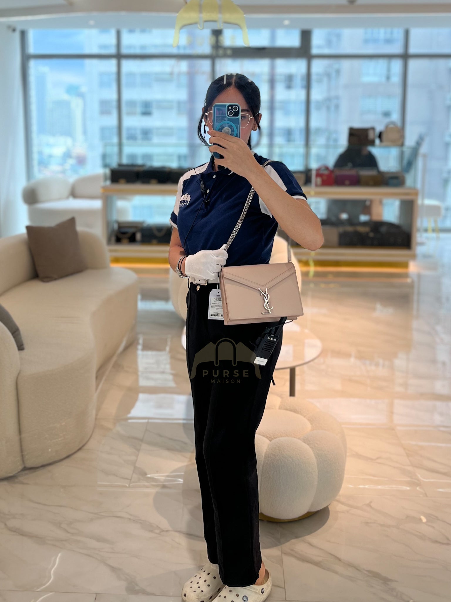 Cassandra Chain Flap Shoulder Bag in Pink Beige Grained Leather | Purse Maison Luxury Bags Shop