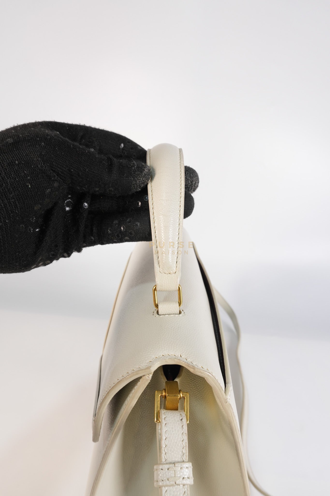 Cassandra Top Handle Medium in Off White Grained Calfskin Leather | Purse Maison Luxury Bags Shop