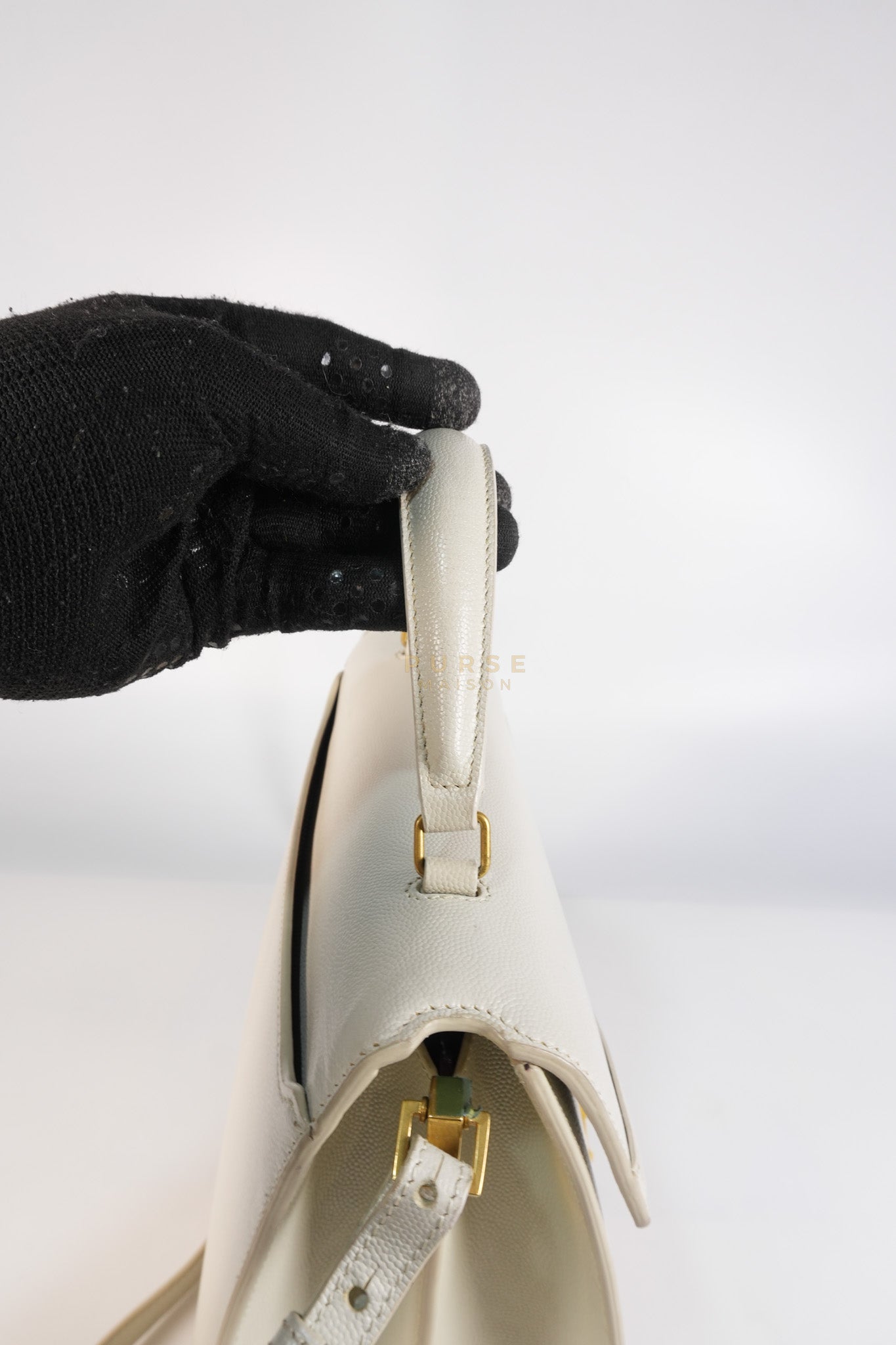 Cassandra Top Handle Medium in Off White Grained Calfskin Leather | Purse Maison Luxury Bags Shop