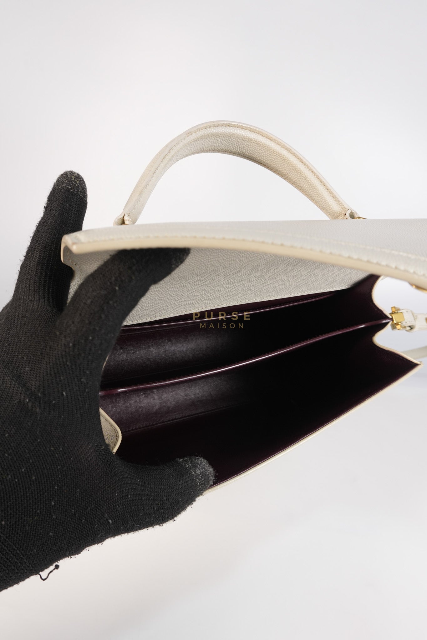 Cassandra Top Handle Medium in Off White Grained Calfskin Leather | Purse Maison Luxury Bags Shop