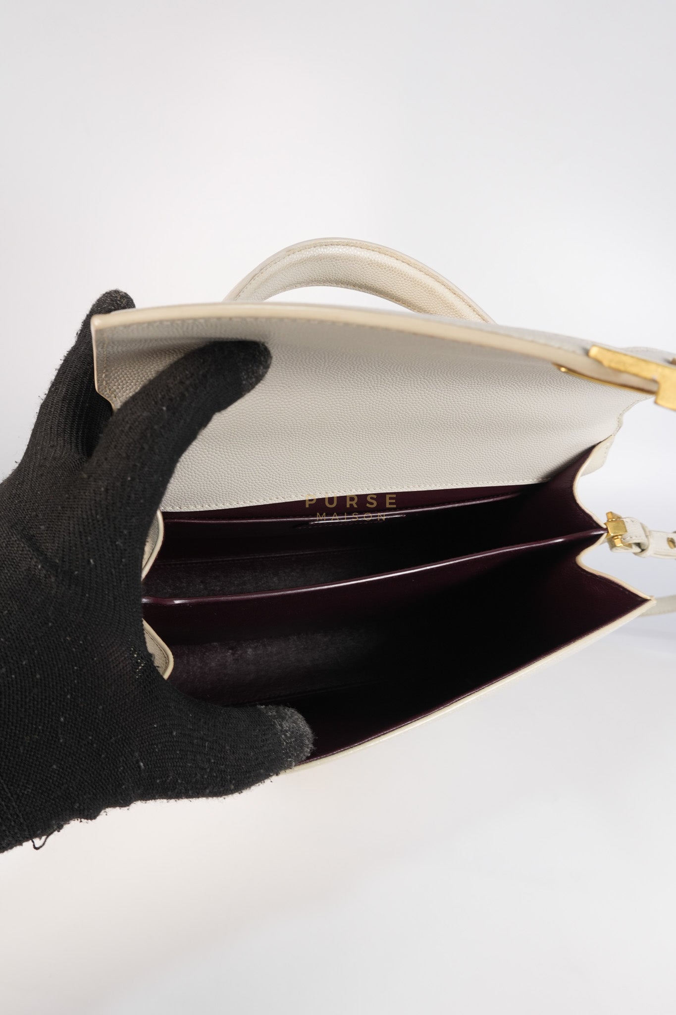 Cassandra Top Handle Medium in Off White Grained Calfskin Leather | Purse Maison Luxury Bags Shop