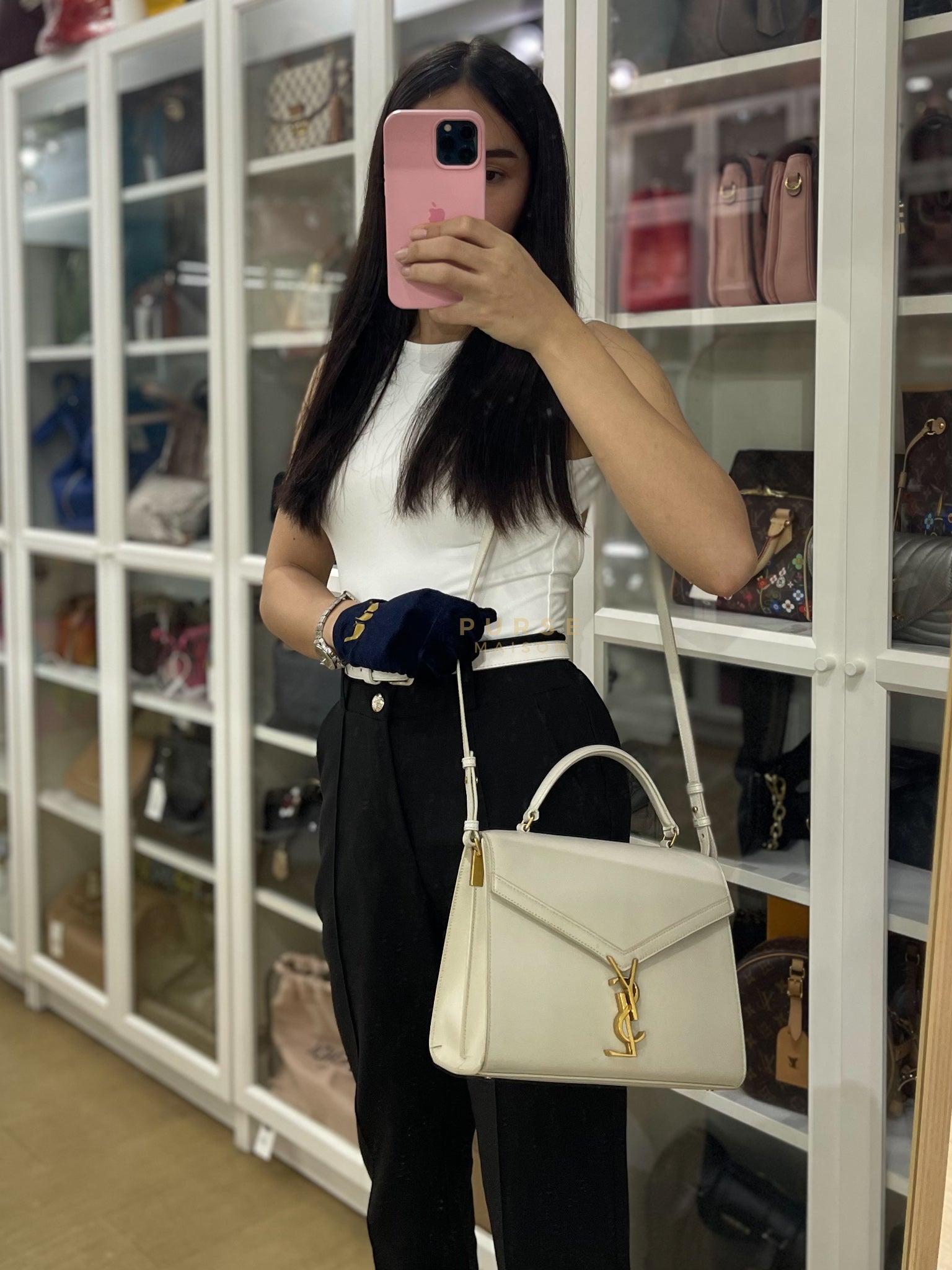 Cassandra Top Handle Medium in Off White Grained Calfskin Leather | Purse Maison Luxury Bags Shop