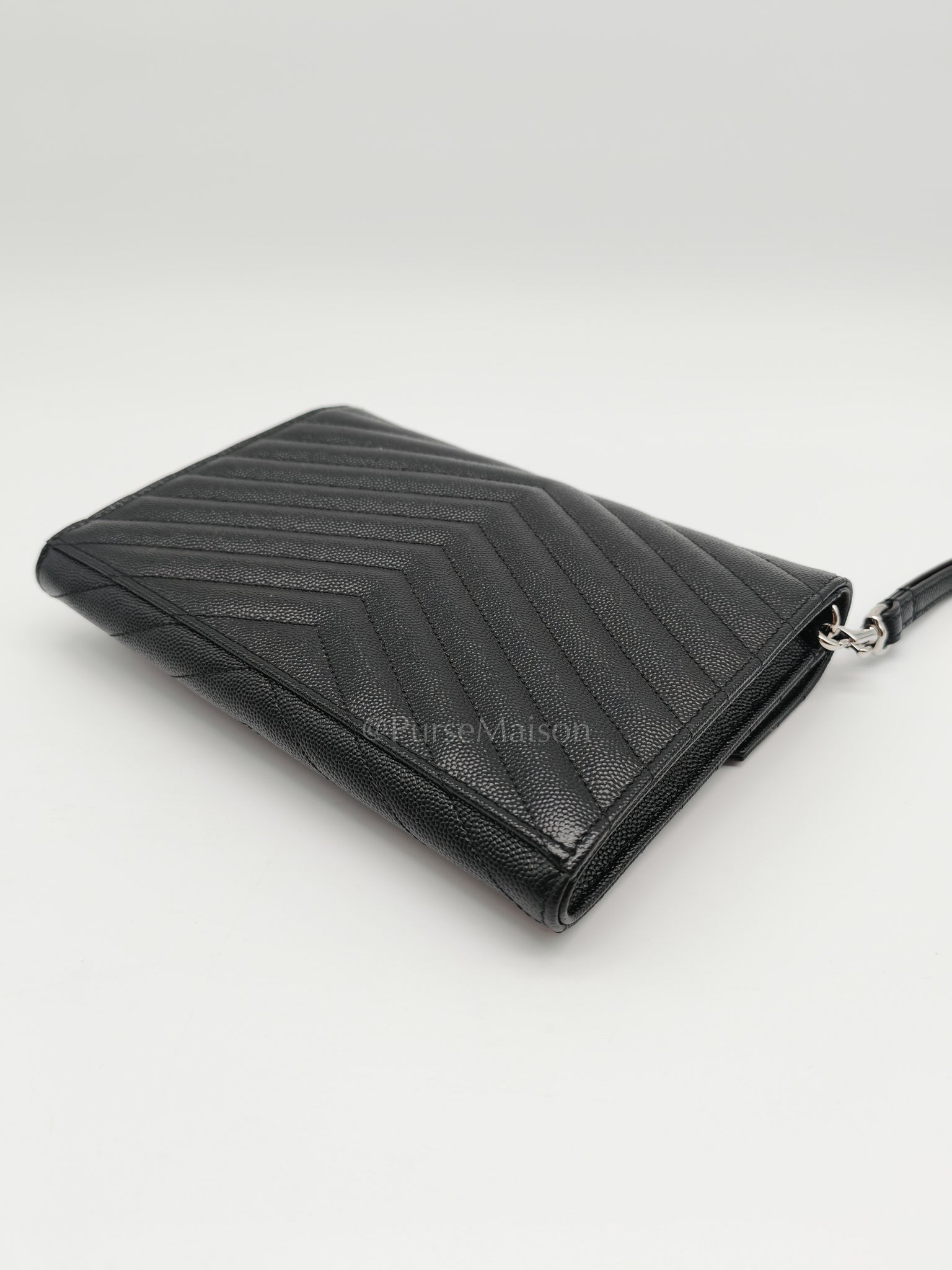 Cassandre Matelasse Flap Clutch in Black Grained Calfskin Leather | Purse Maison Luxury Bags Shop
