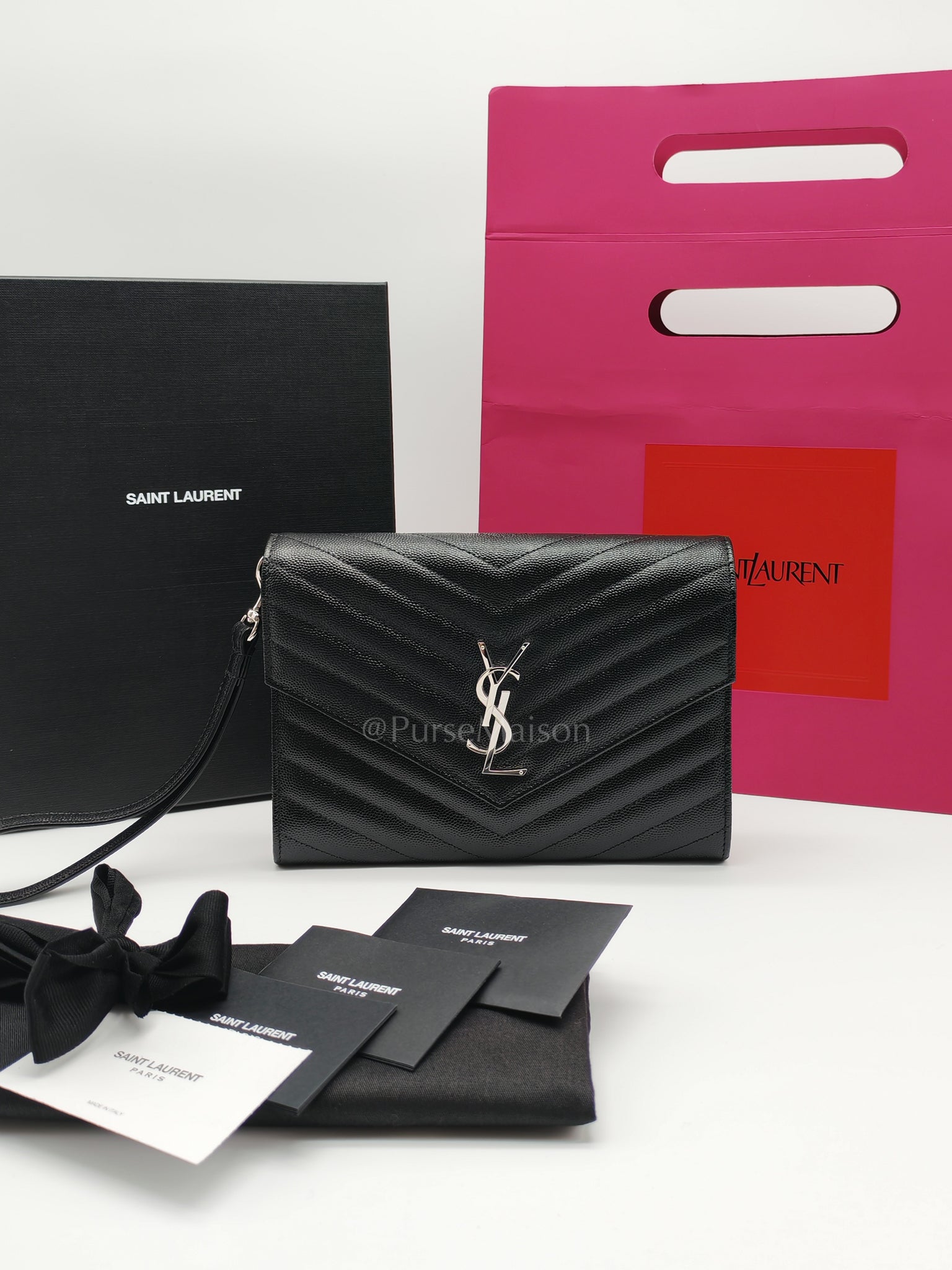 Cassandre Matelasse Flap Clutch in Black Grained Calfskin Leather | Purse Maison Luxury Bags Shop
