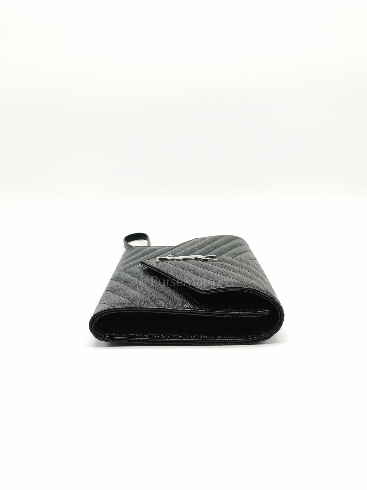 Cassandre Matelasse Flap Clutch in Black Grained Calfskin Leather | Purse Maison Luxury Bags Shop