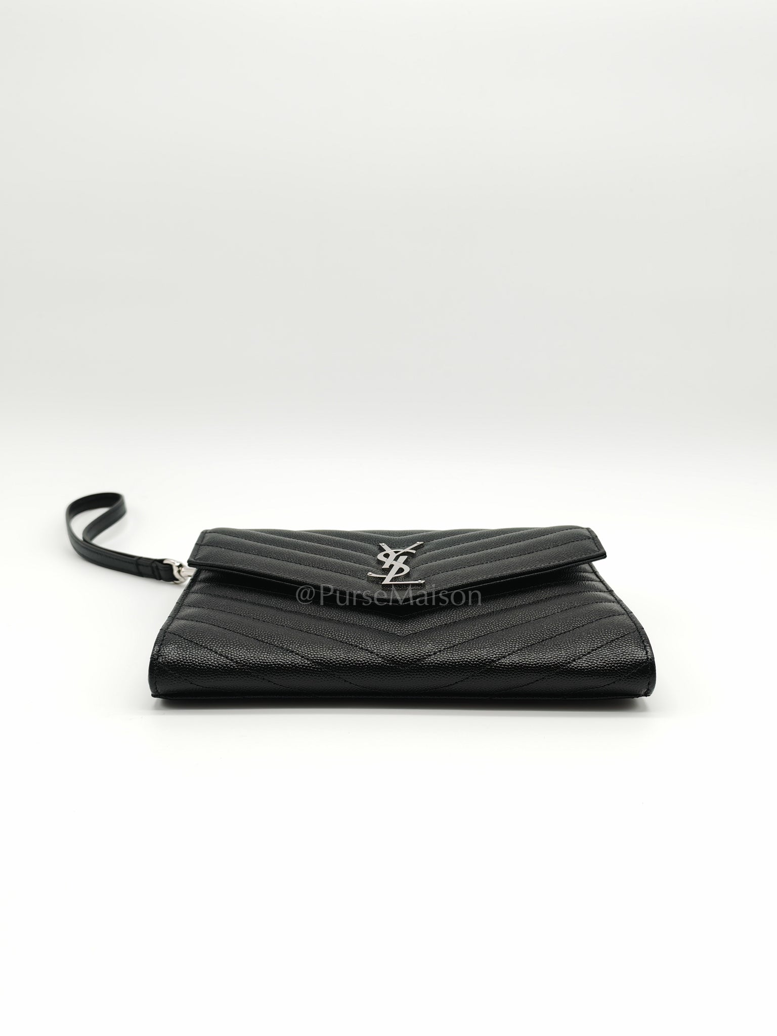 Cassandre Matelasse Flap Clutch in Black Grained Calfskin Leather | Purse Maison Luxury Bags Shop