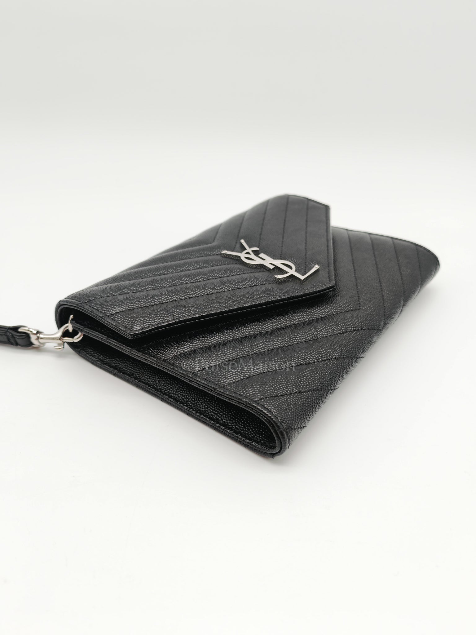 Cassandre Matelasse Flap Clutch in Black Grained Calfskin Leather | Purse Maison Luxury Bags Shop