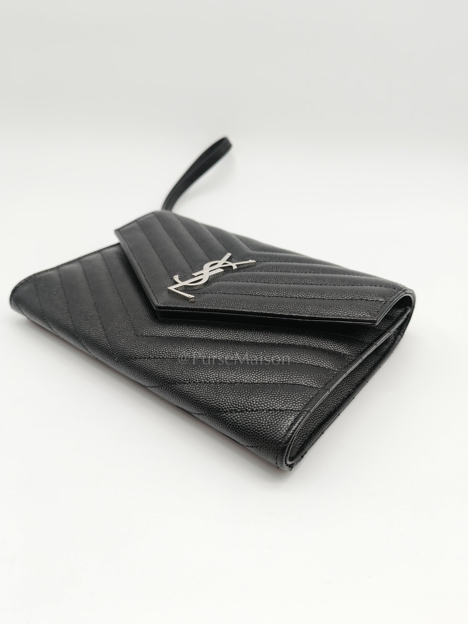 Cassandre Matelasse Flap Clutch in Black Grained Calfskin Leather | Purse Maison Luxury Bags Shop