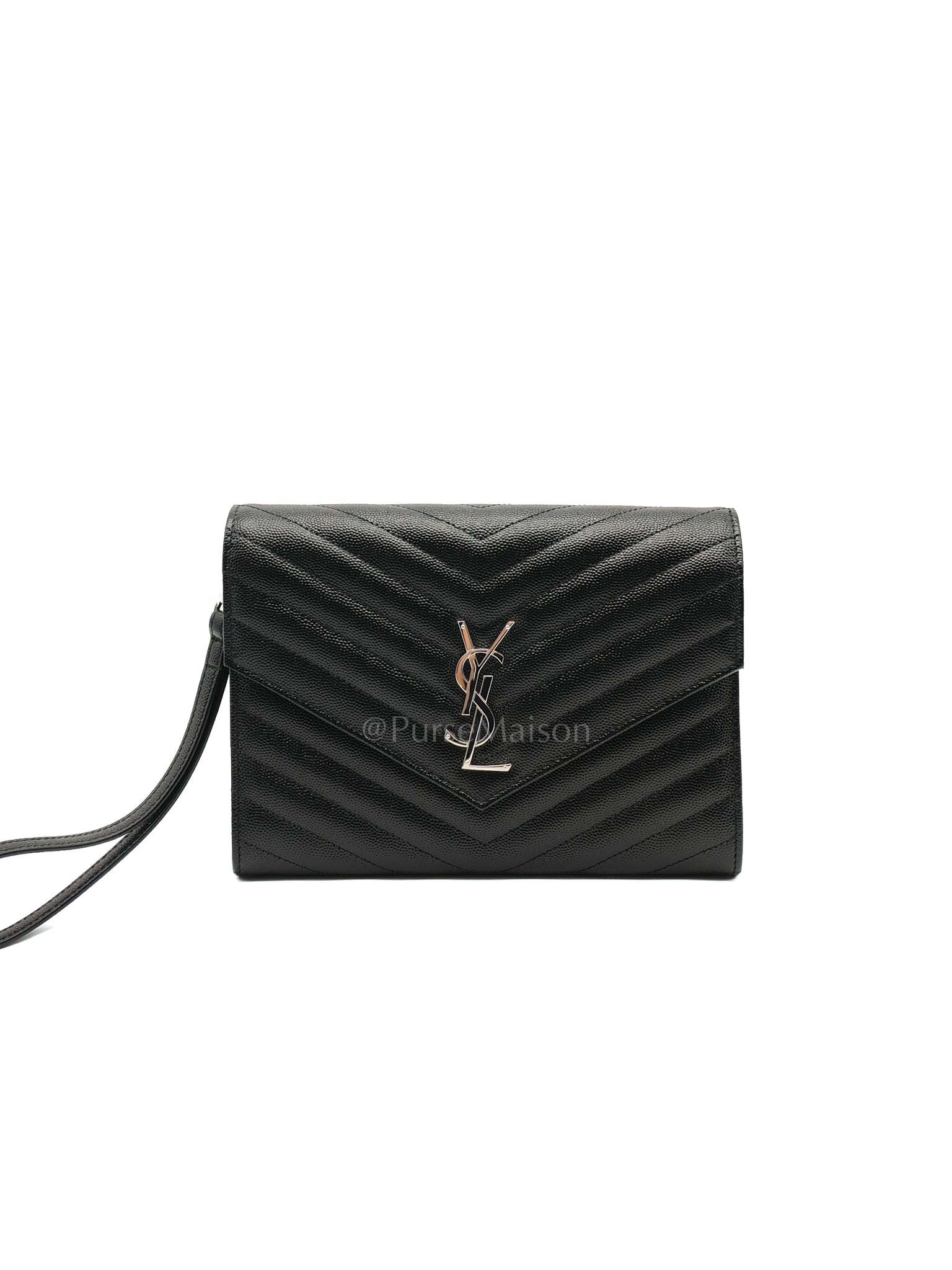 Cassandre Matelasse Flap Clutch in Black Grained Calfskin Leather | Purse Maison Luxury Bags Shop