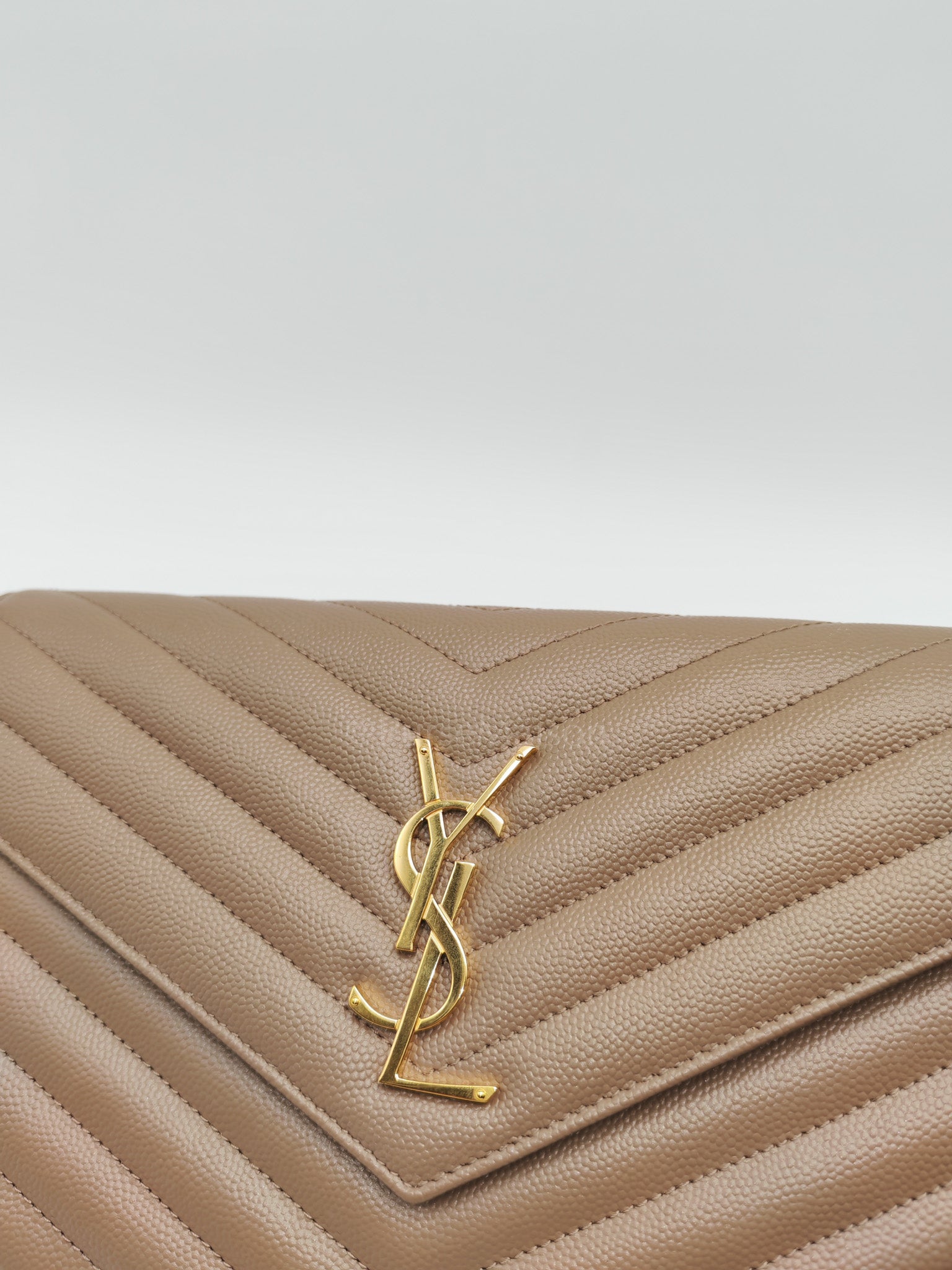 Cassandre Wallet on Chain in Taupe Chevron Quilted Grain De Poudre Calfskin Leather & Gold Hardware | Purse Maison Luxury Bags Shop