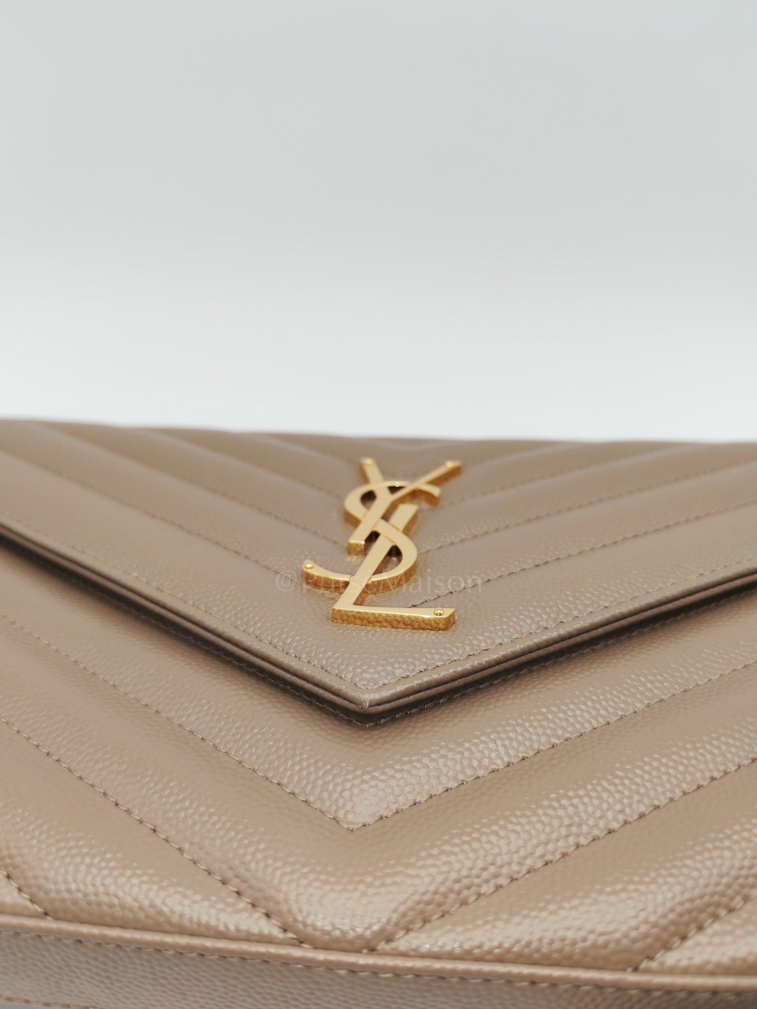 Cassandre Wallet on Chain in Taupe Chevron Quilted Grain De Poudre Calfskin Leather & Gold Hardware | Purse Maison Luxury Bags Shop
