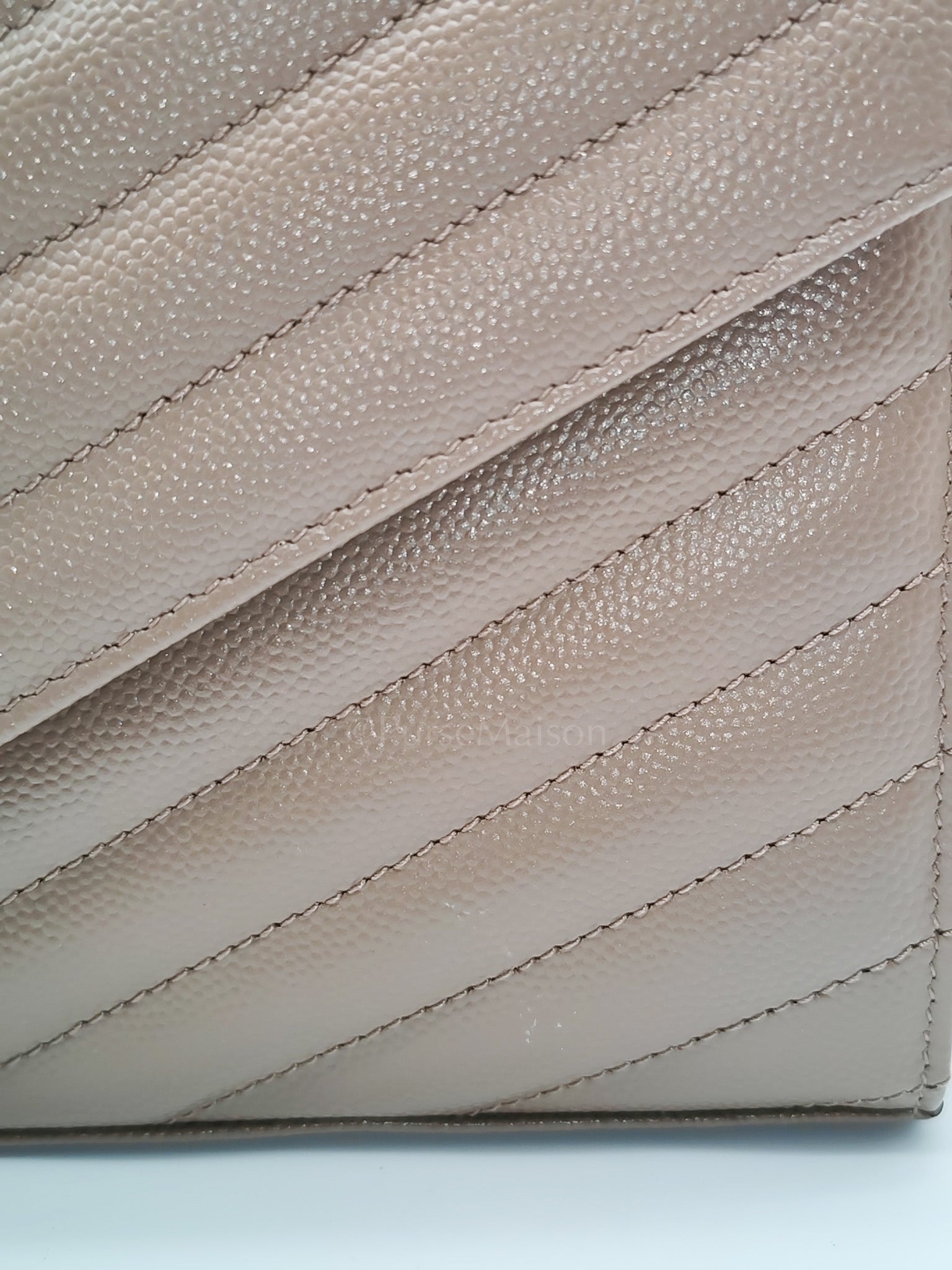 Cassandre Wallet on Chain in Taupe Chevron Quilted Grain De Poudre Calfskin Leather & Gold Hardware | Purse Maison Luxury Bags Shop