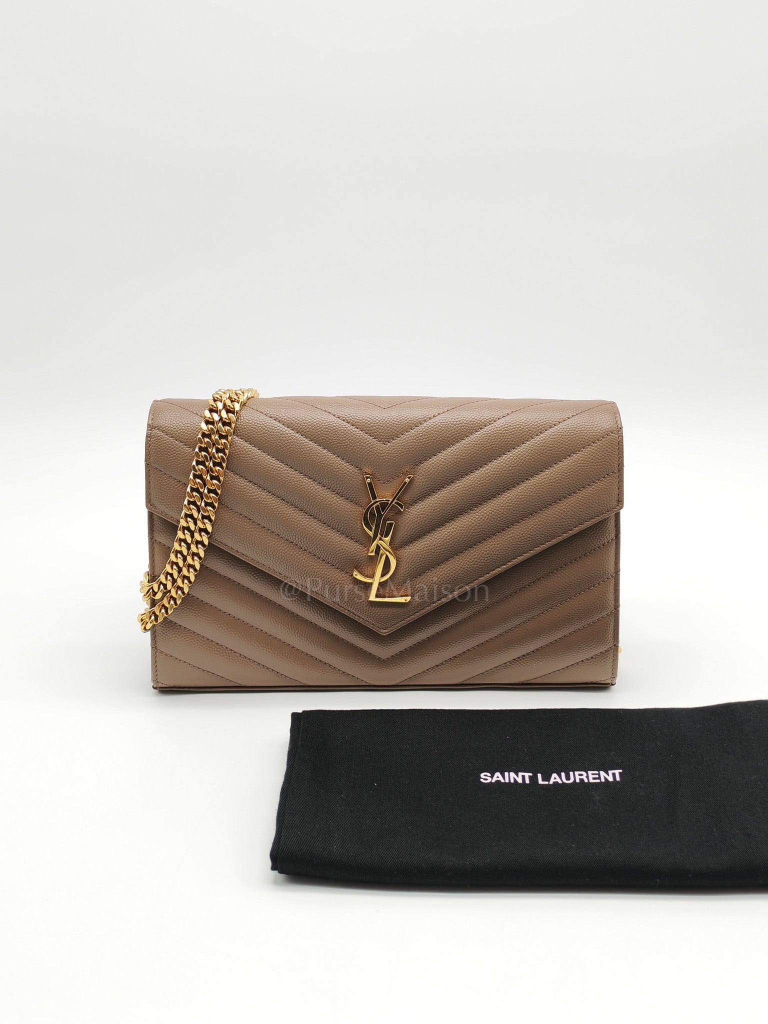 Cassandre Wallet on Chain in Taupe Chevron Quilted Grain De Poudre Calfskin Leather & Gold Hardware | Purse Maison Luxury Bags Shop