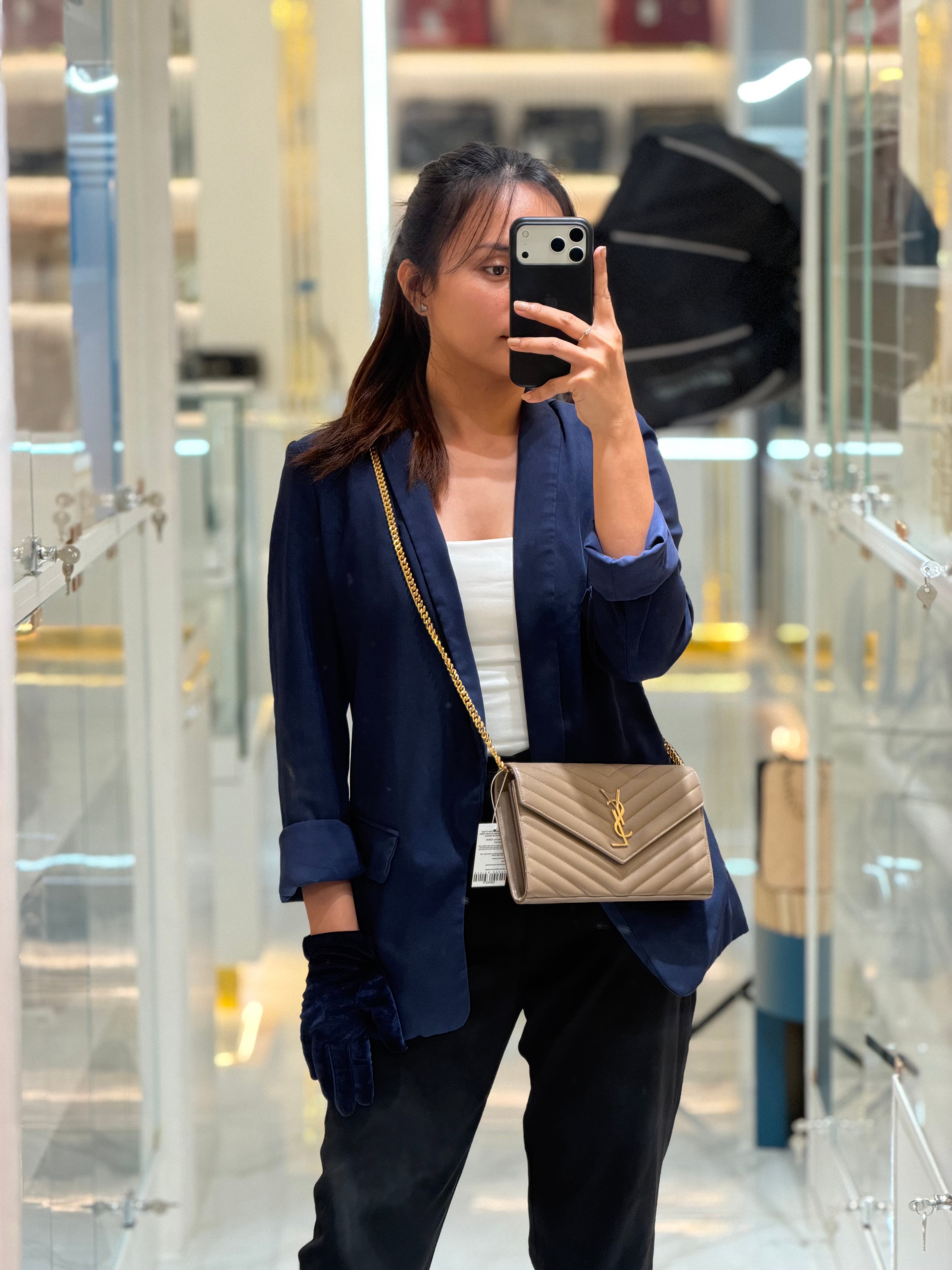 Cassandre Wallet on Chain in Taupe Chevron Quilted Grain De Poudre Calfskin Leather & Gold Hardware | Purse Maison Luxury Bags Shop