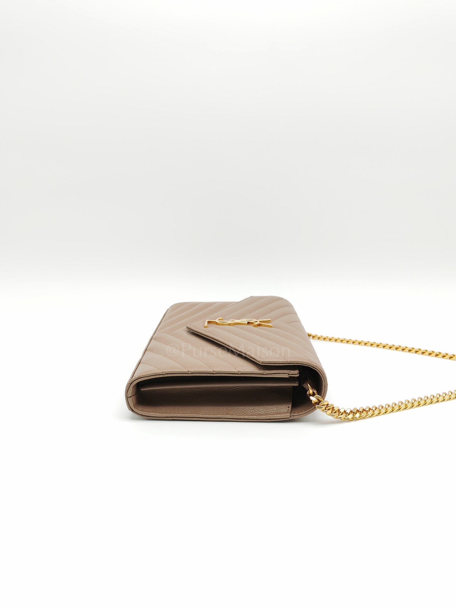Cassandre Wallet on Chain in Taupe Chevron Quilted Grain De Poudre Calfskin Leather & Gold Hardware | Purse Maison Luxury Bags Shop