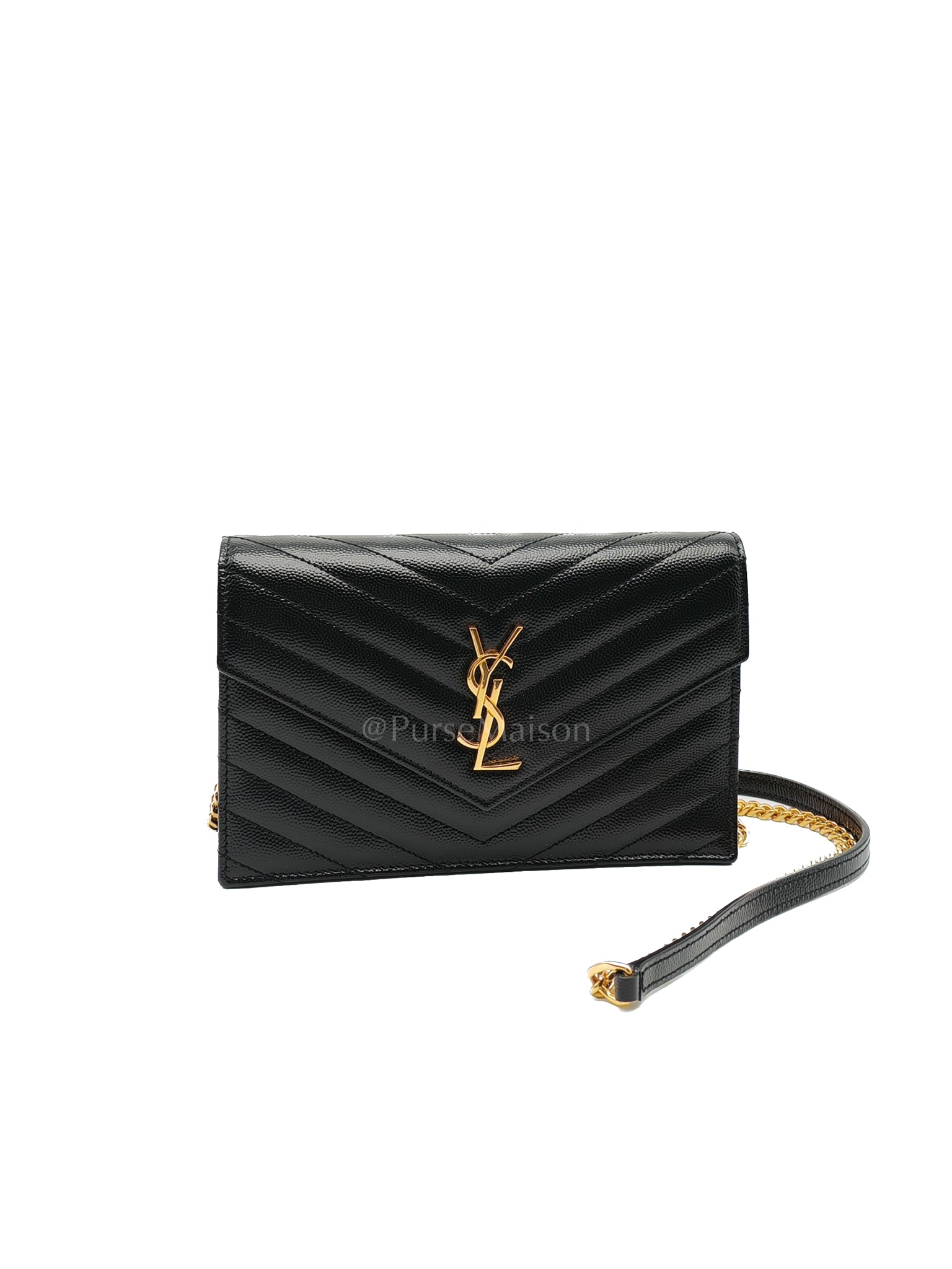 Cassandre Wallet On Chain (WOC) in Black Grained Leather Crossbody Bag | Purse Maison Luxury Bags Shop