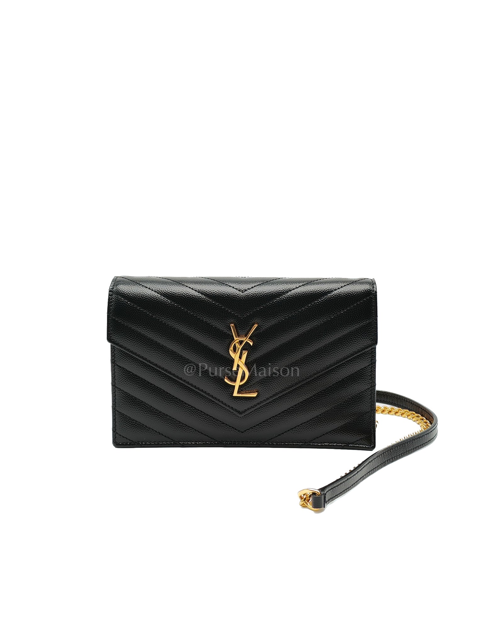 Cassandre Wallet On Chain (WOC) in Black Grained Leather Crossbody Bag | Purse Maison Luxury Bags Shop