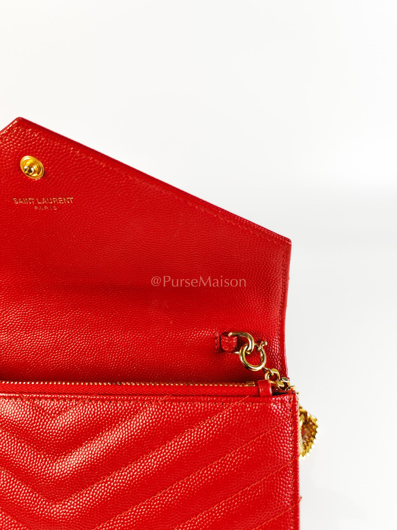 Cassandre Wallet on Chain (WOC) in Red Grained Calfskin Leather Chain Bag | Purse Maison Luxury Bags Shop