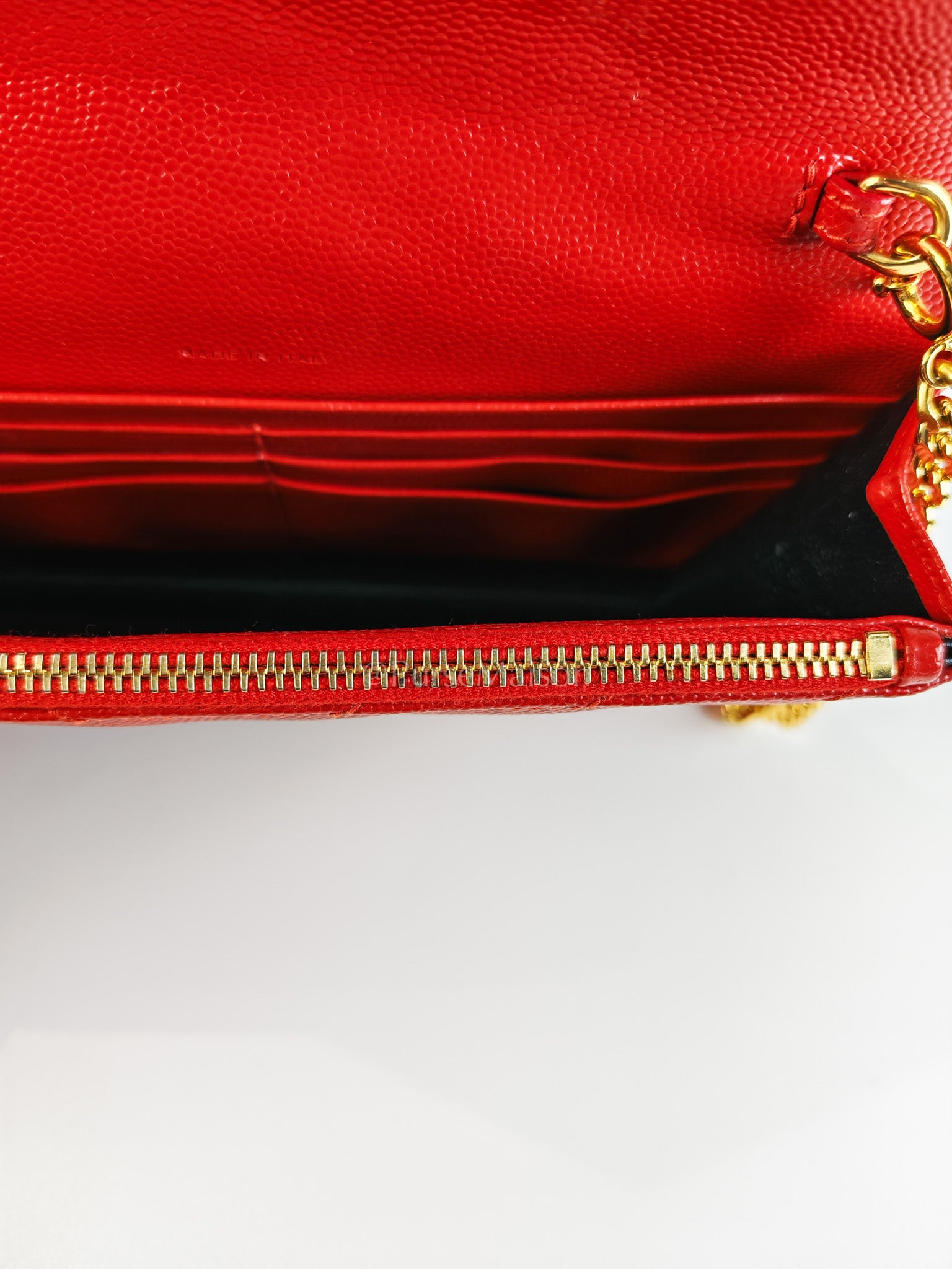 Cassandre Wallet on Chain (WOC) in Red Grained Calfskin Leather Chain Bag | Purse Maison Luxury Bags Shop