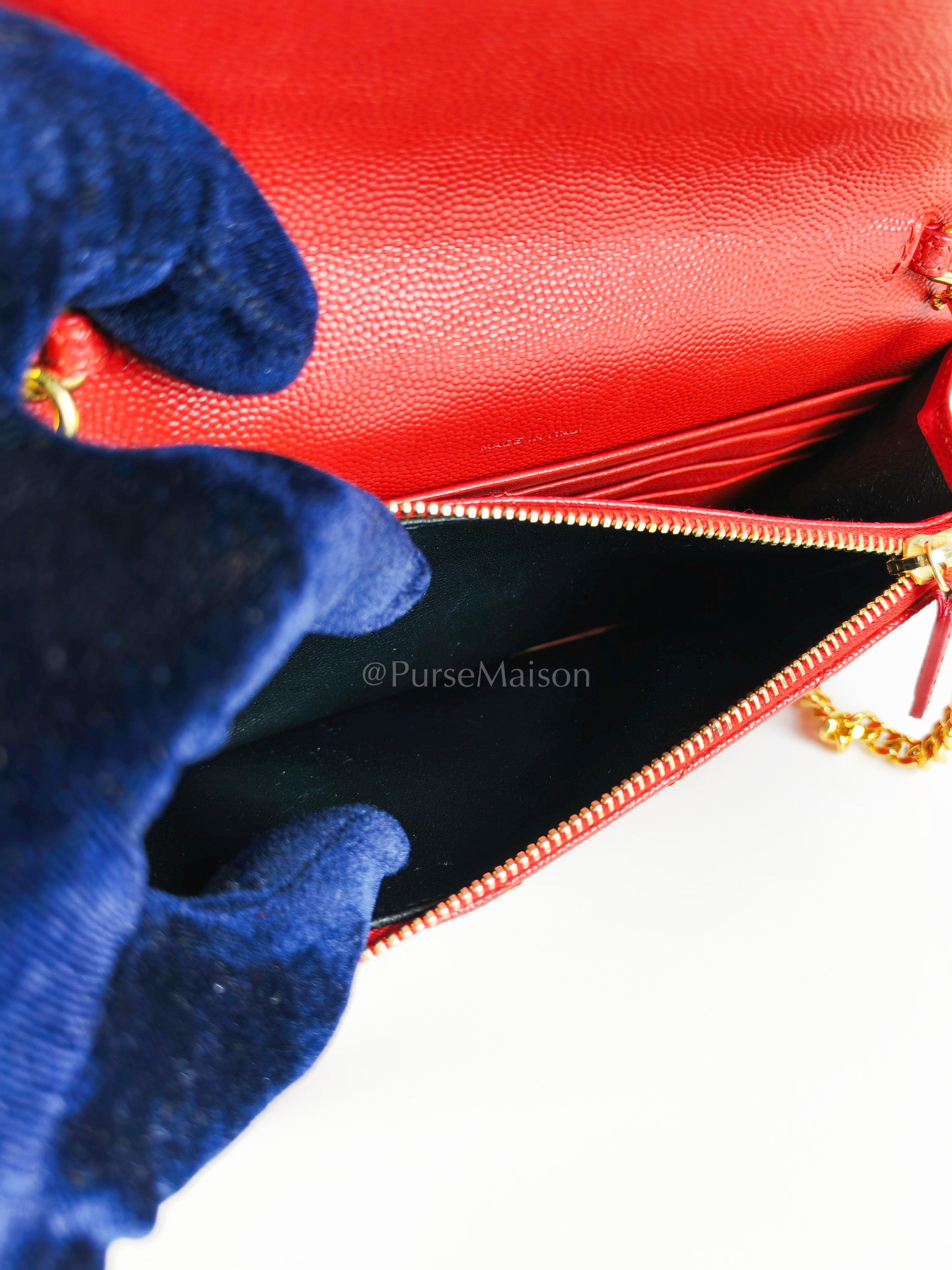 Cassandre Wallet on Chain (WOC) in Red Grained Calfskin Leather Chain Bag | Purse Maison Luxury Bags Shop