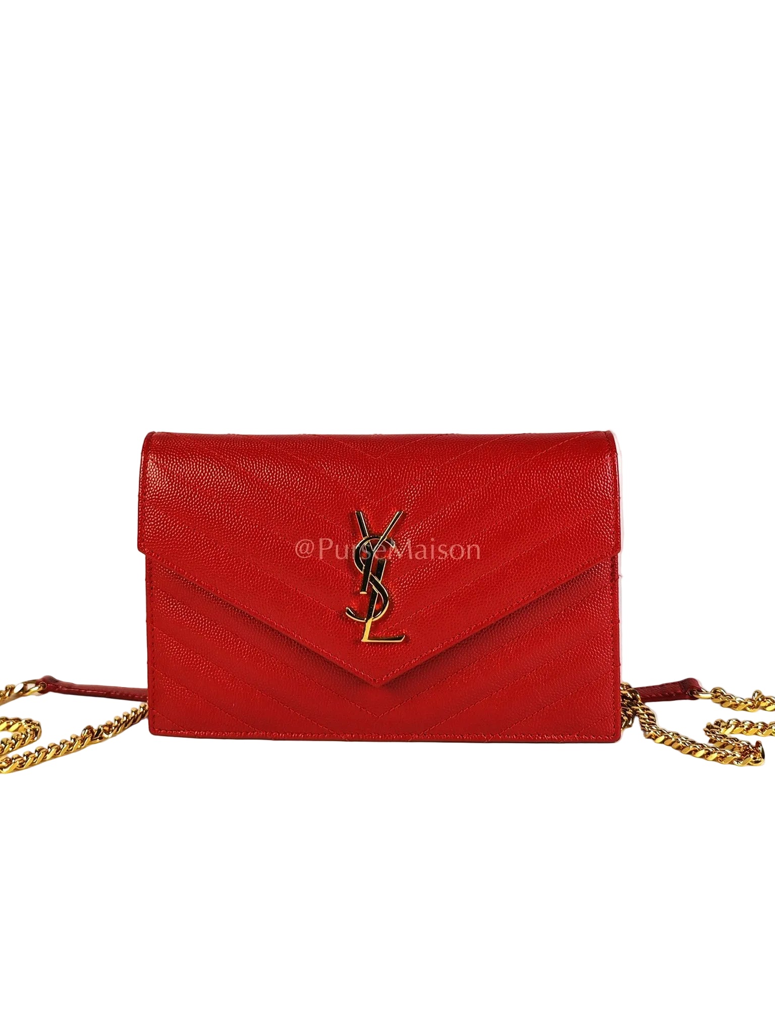 Cassandre Wallet on Chain (WOC) in Red Grained Calfskin Leather Chain Bag | Purse Maison Luxury Bags Shop