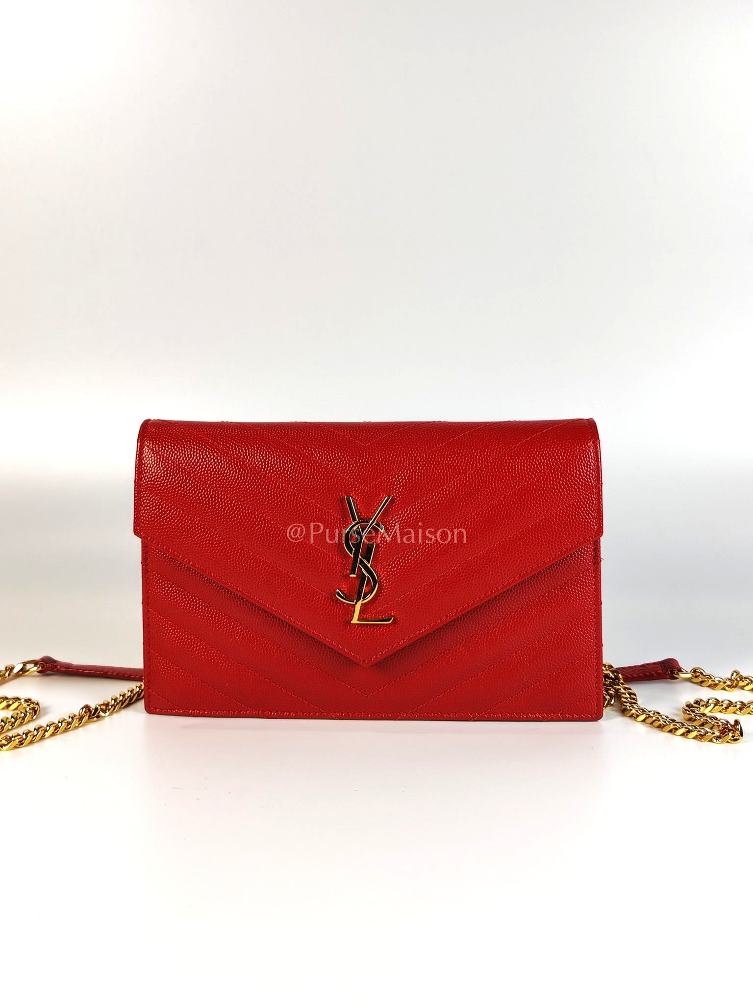 Cassandre Wallet on Chain (WOC) in Red Grained Calfskin Leather Chain Bag | Purse Maison Luxury Bags Shop