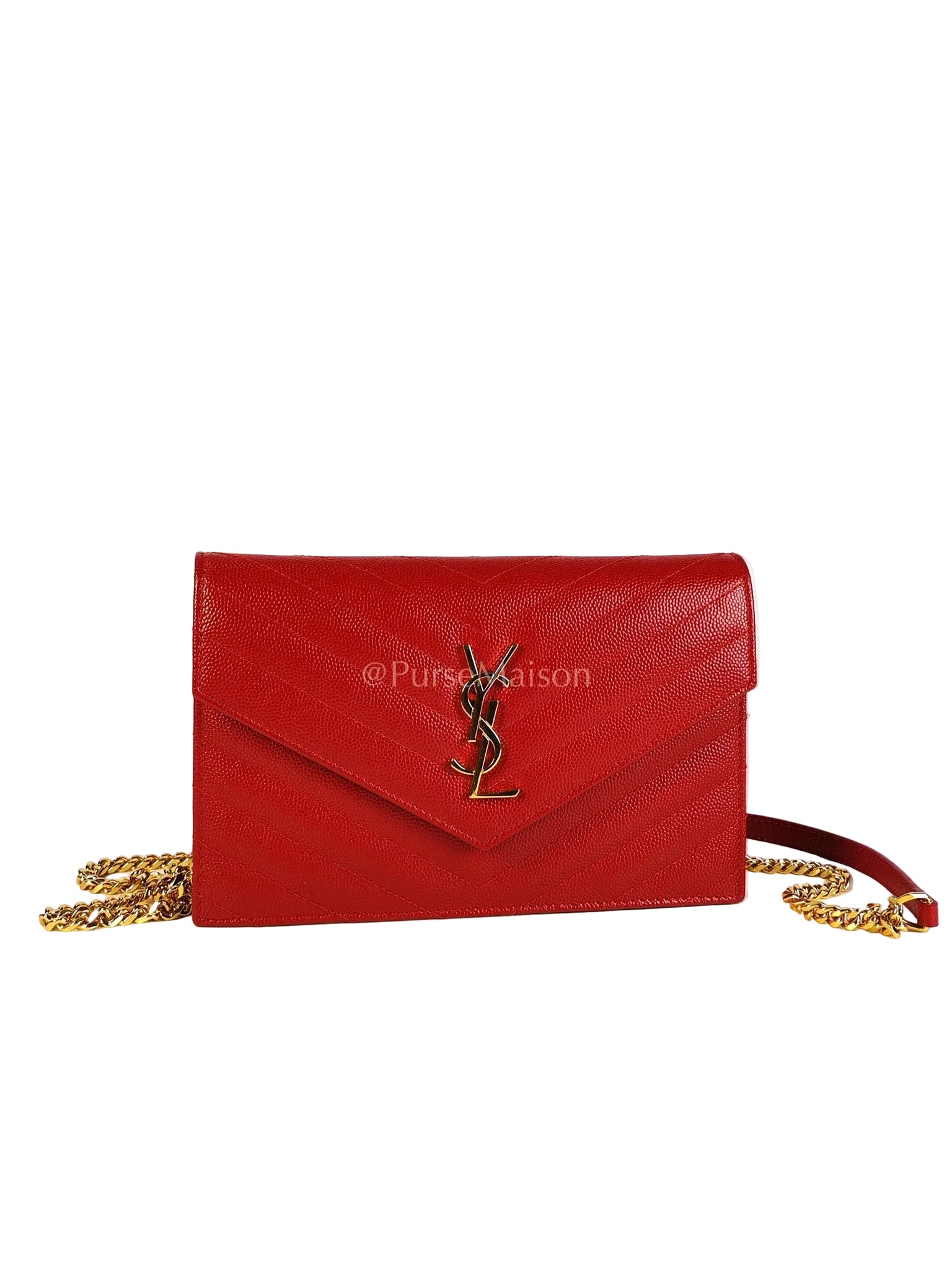 Cassandre Wallet on Chain (WOC) in Red Grained Calfskin Leather Chain Bag | Purse Maison Luxury Bags Shop