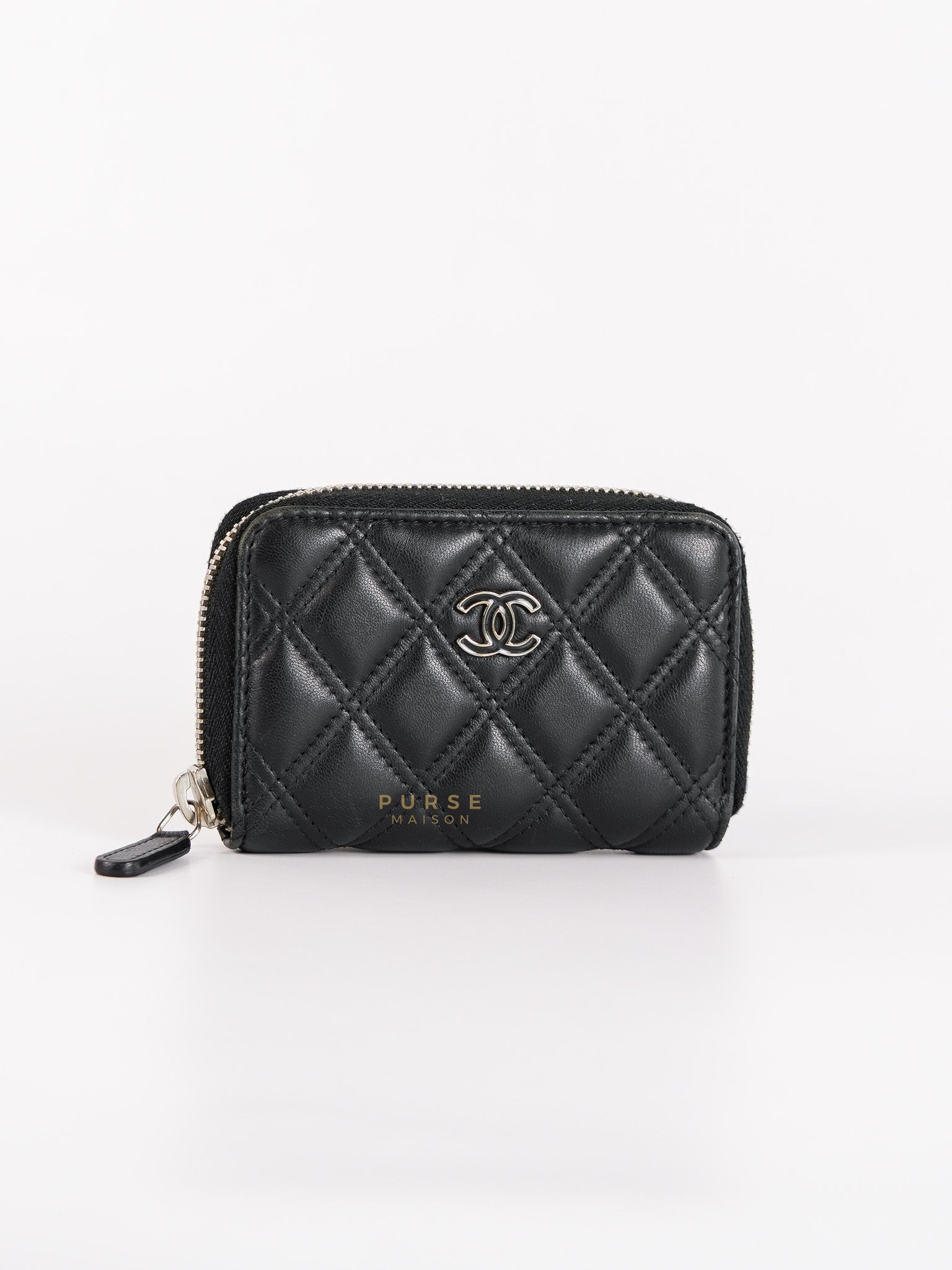 CC Card Holder in Black Lambskin Leather & Silver Hardware (Series 20) | Purse Maison Luxury Bags Shop