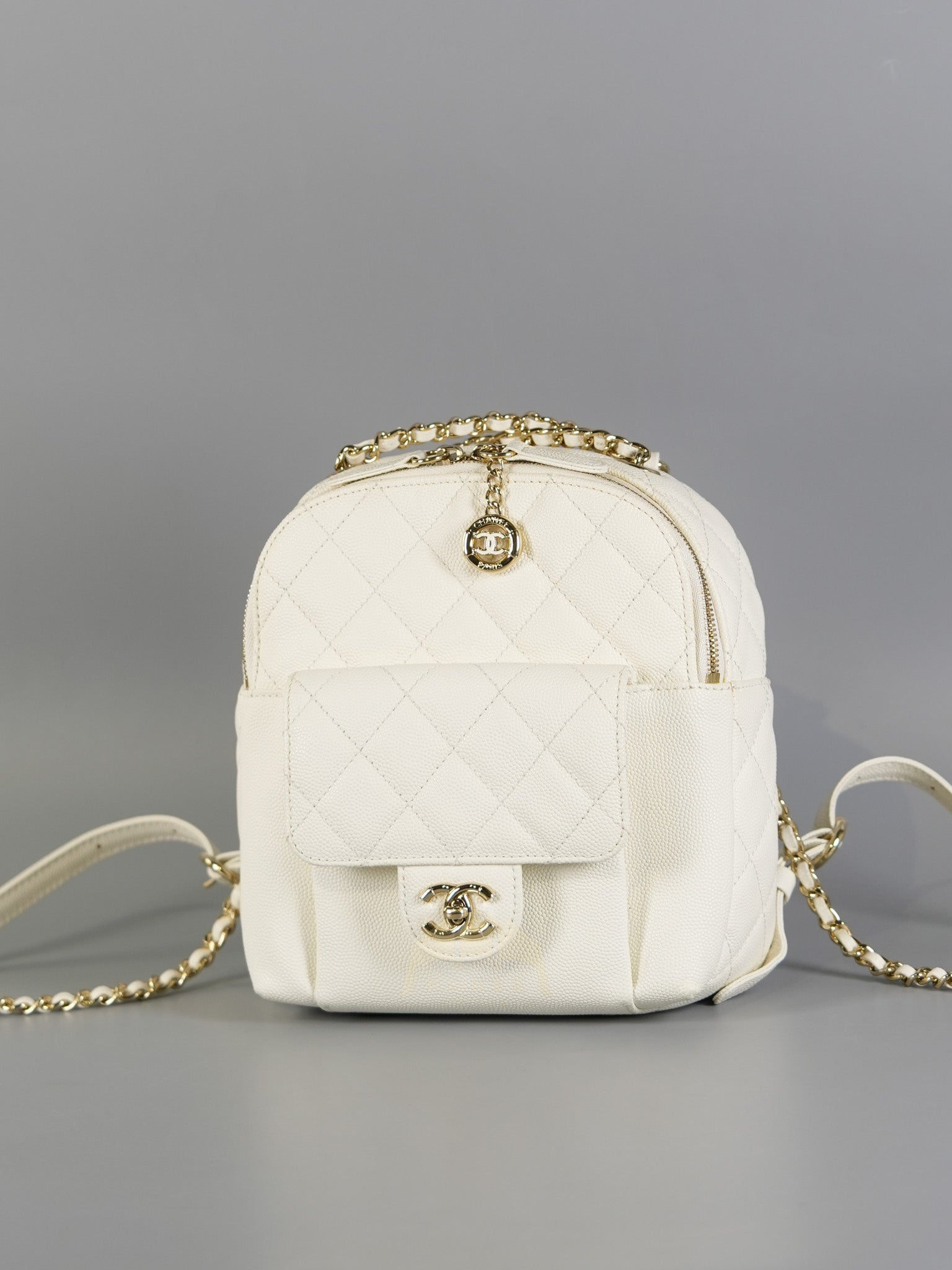 CC Day Mini Backpack in White Caviar Leather Light Gold Hardware Series 26 | Purse Maison Luxury Bags Shop