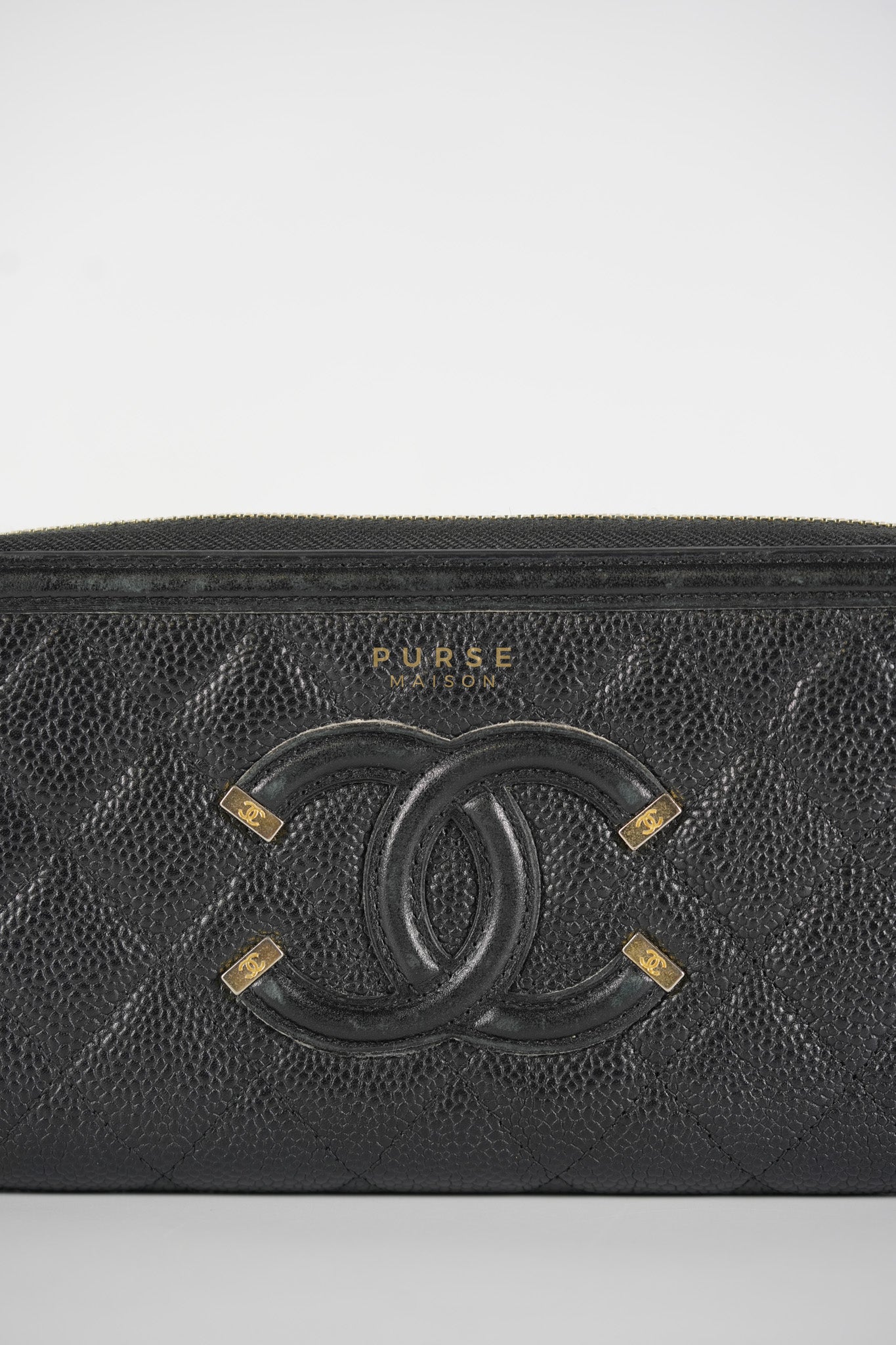 CC Filigree Long Wallet in Black Caviar Leather & Light Gold Hardware Series 26 | Purse Maison Luxury Bags Shop