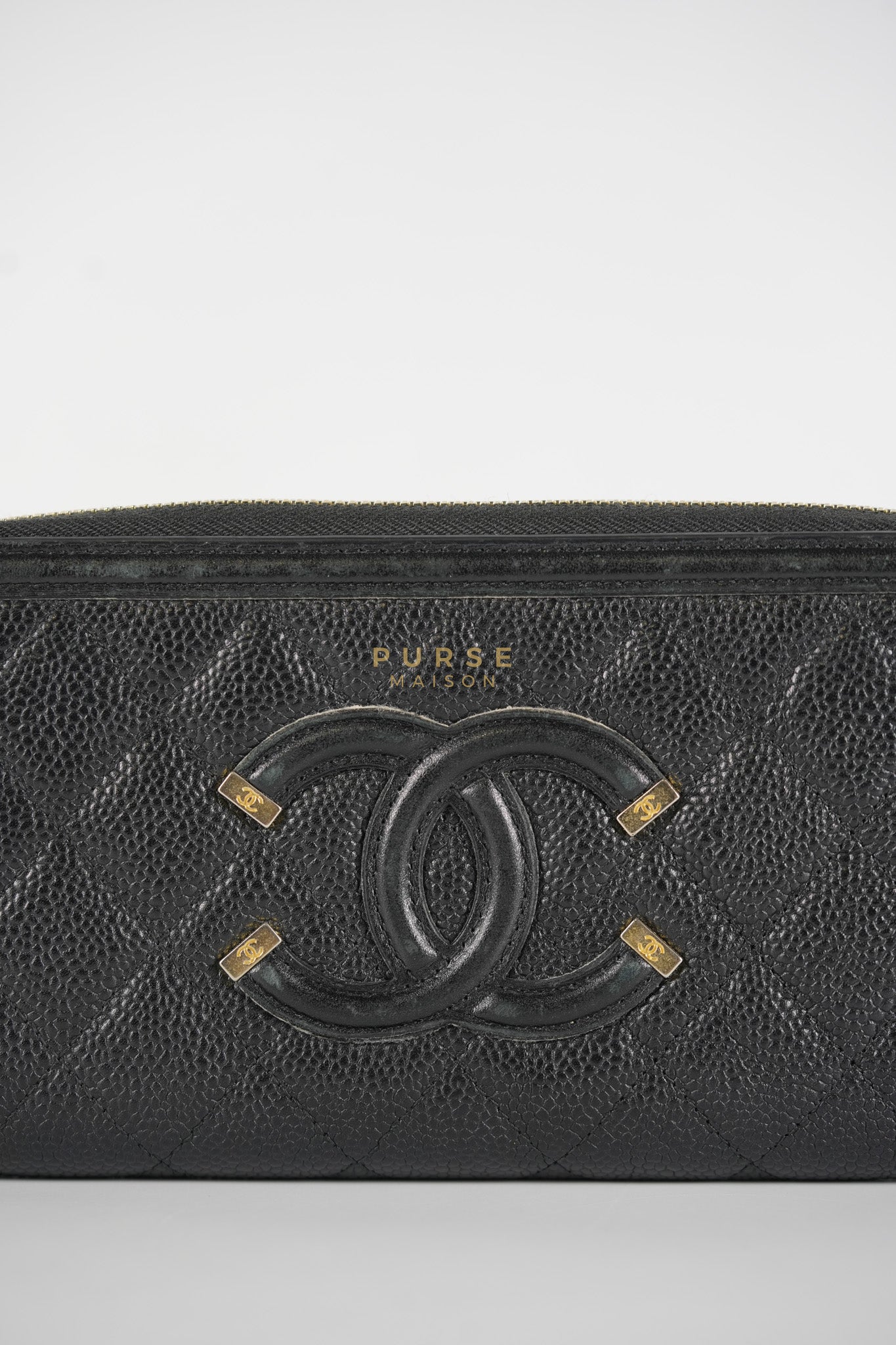 CC Filigree Long Wallet in Black Caviar Leather & Light Gold Hardware Series 26 | Purse Maison Luxury Bags Shop