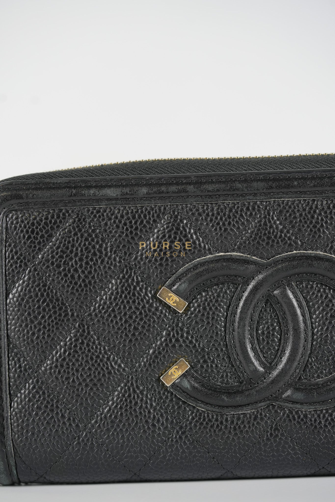 CC Filigree Long Wallet in Black Caviar Leather & Light Gold Hardware Series 26 | Purse Maison Luxury Bags Shop