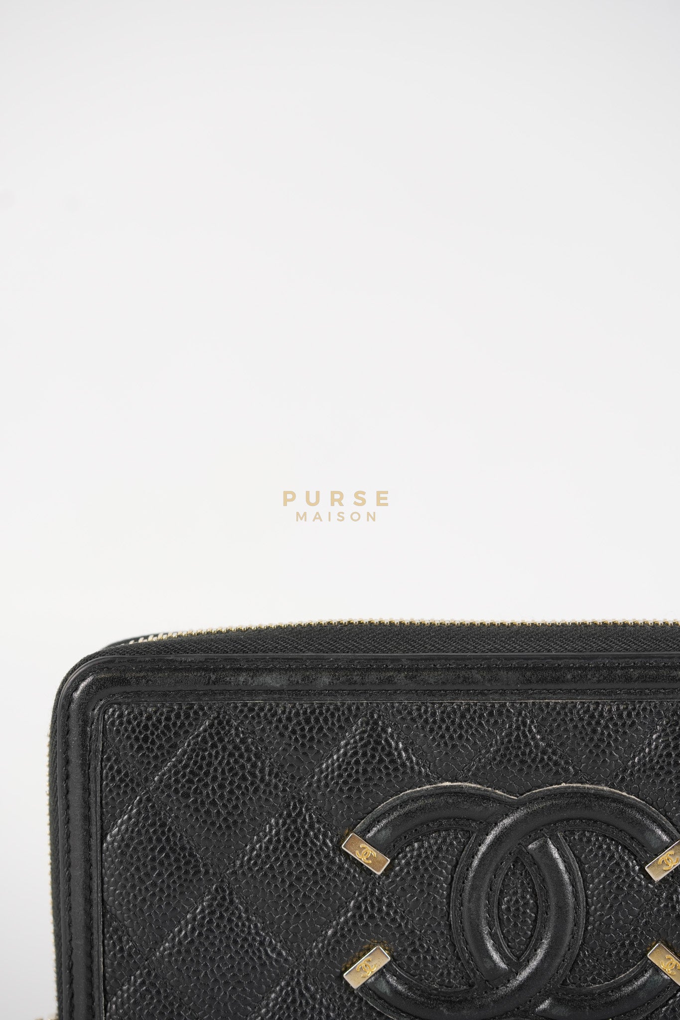 CC Filigree Long Wallet in Black Caviar Leather & Light Gold Hardware Series 26 | Purse Maison Luxury Bags Shop
